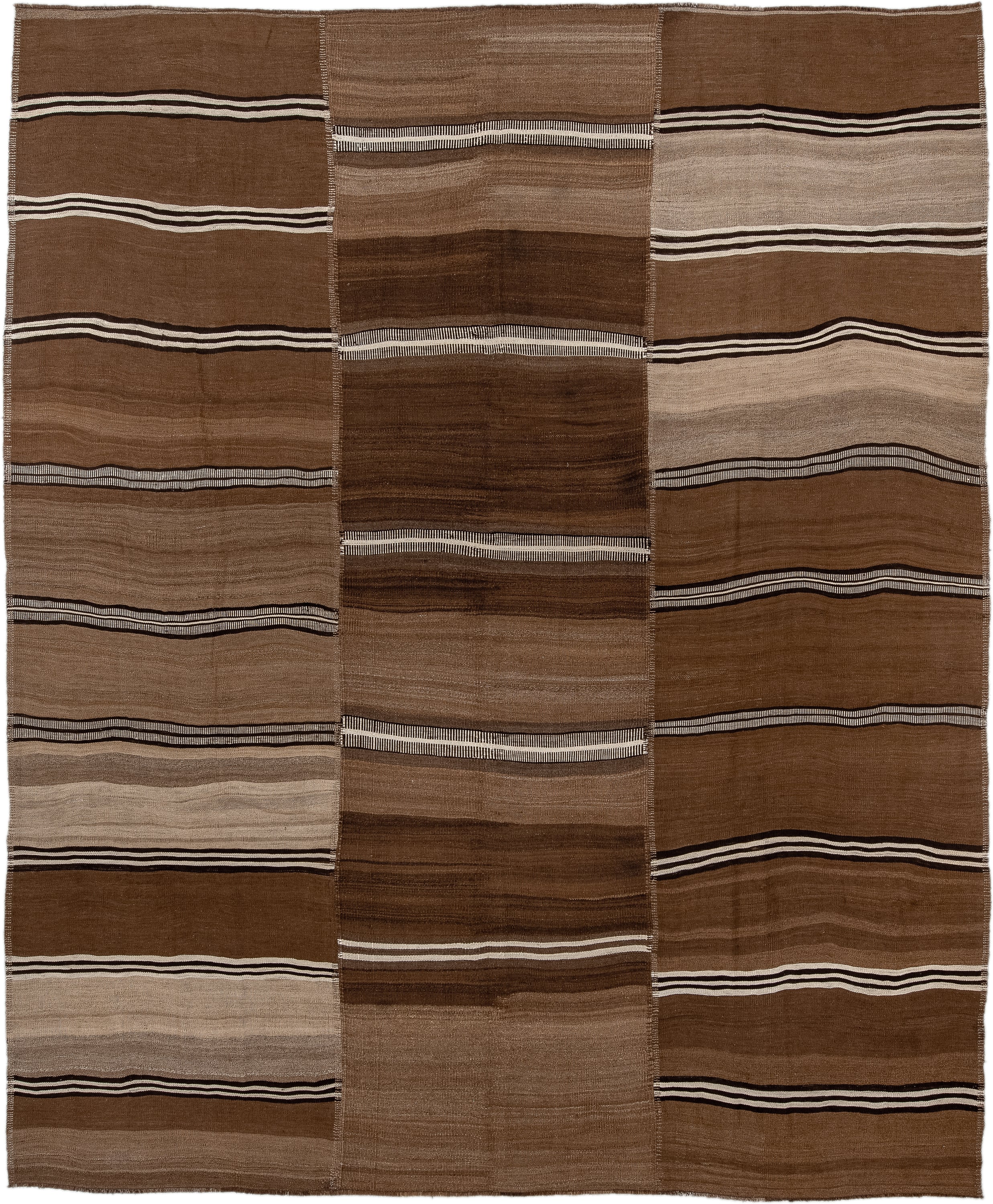 9' x 11' one-of-a-kind handmade vintage Kilim large size rug. Color palette: brown, taupe, camel, ivory, charcoal, beige