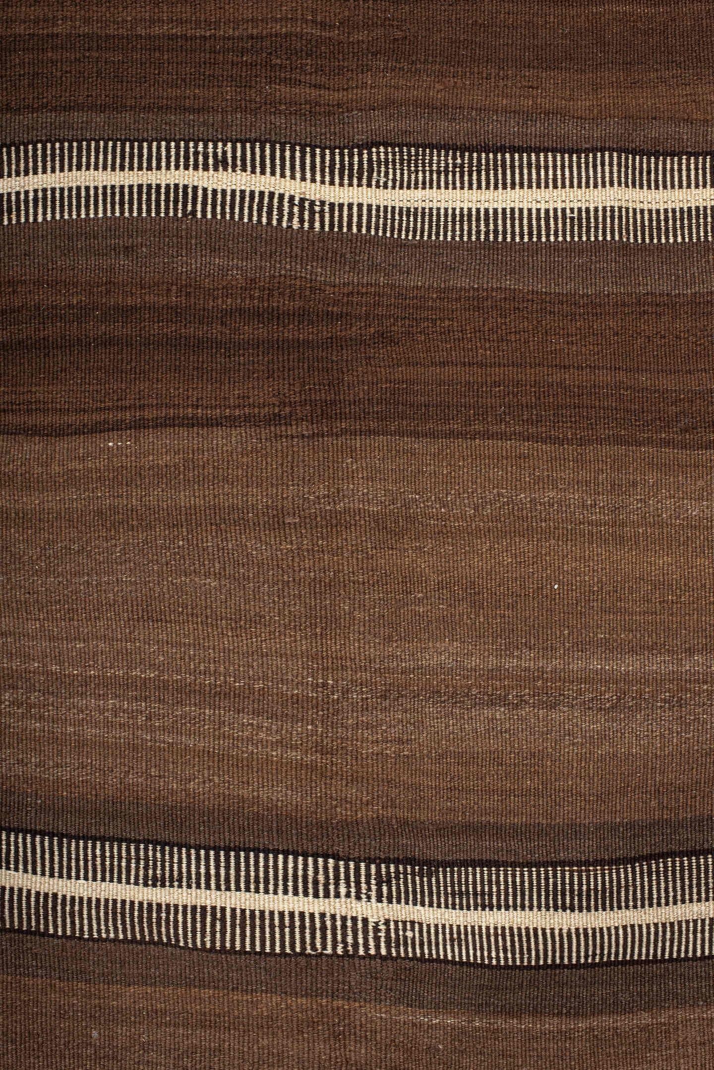 9' x 11' one-of-a-kind handmade vintage Kilim large size rug. Color palette: brown, taupe, camel, ivory, charcoal, beige