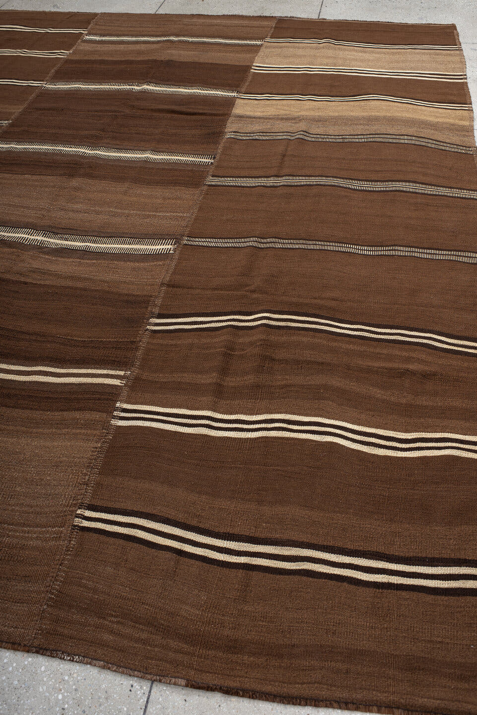 9' x 11' one-of-a-kind handmade vintage Kilim large size rug. Color palette: brown, taupe, camel, ivory, charcoal, beige