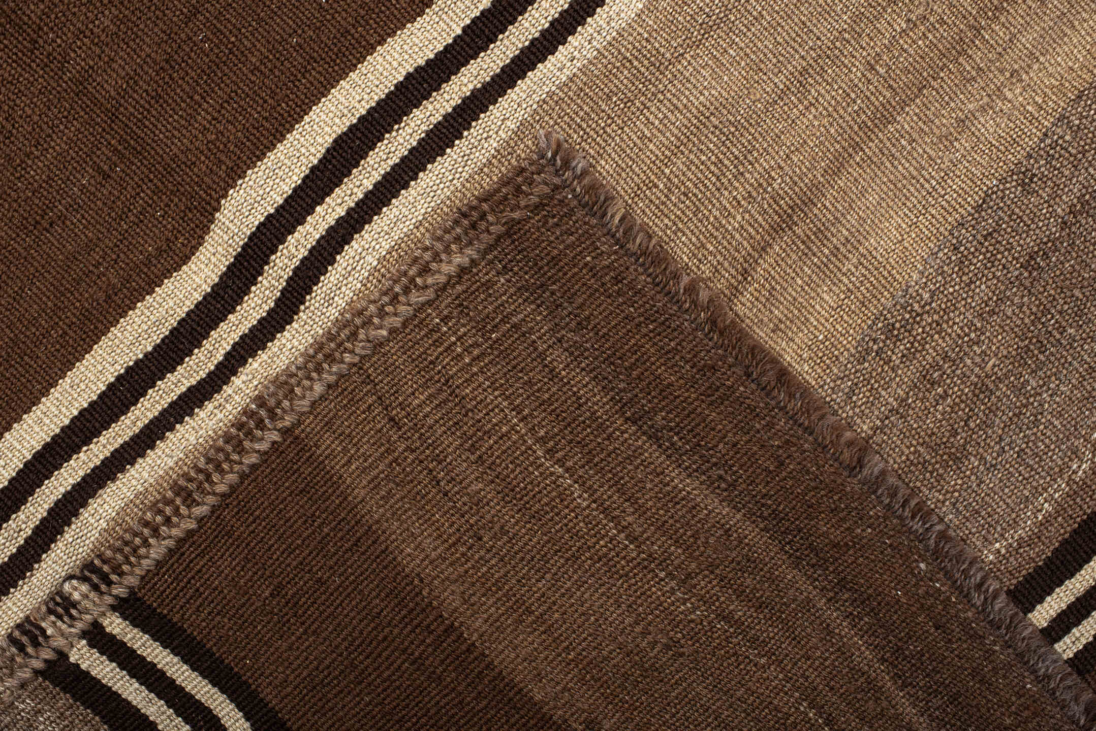 9' x 11' one-of-a-kind handmade vintage Kilim large size rug. Color palette: brown, taupe, camel, ivory, charcoal, beige