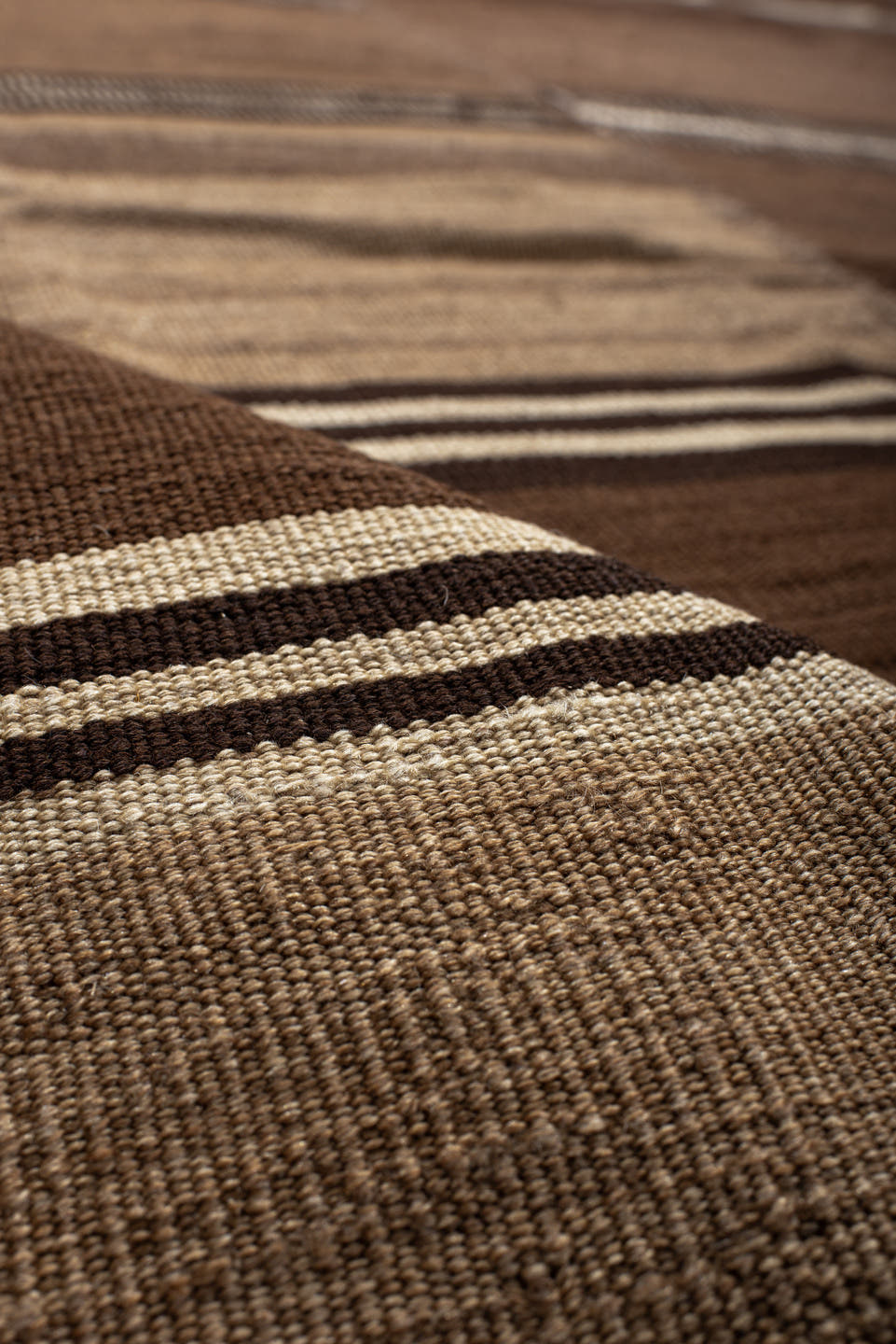9' x 11' one-of-a-kind handmade vintage Kilim large size rug. Color palette: brown, taupe, camel, ivory, charcoal, beige
