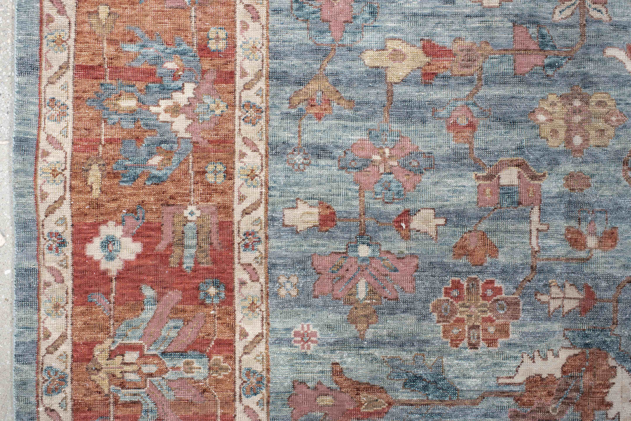 8' x 12' one-of-a-kind handmade vintage Oushak large size rug. Color palette: pale blue, terracotta, ivory, rust, taupe
