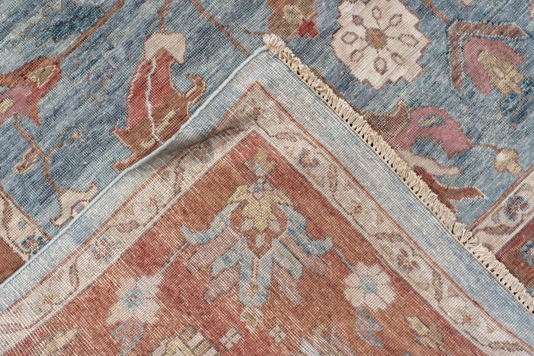 8' x 12' one-of-a-kind handmade vintage Oushak large size rug. Color palette: pale blue, terracotta, ivory, rust, taupe