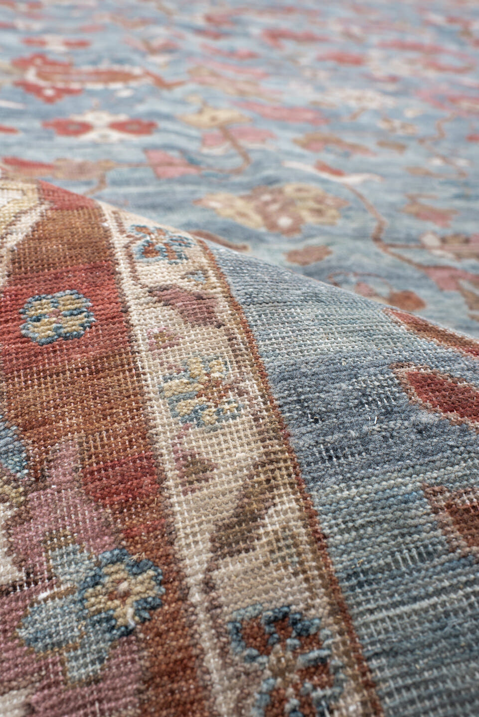 8' x 12' one-of-a-kind handmade vintage Oushak large size rug. Color palette: pale blue, terracotta, ivory, rust, taupe