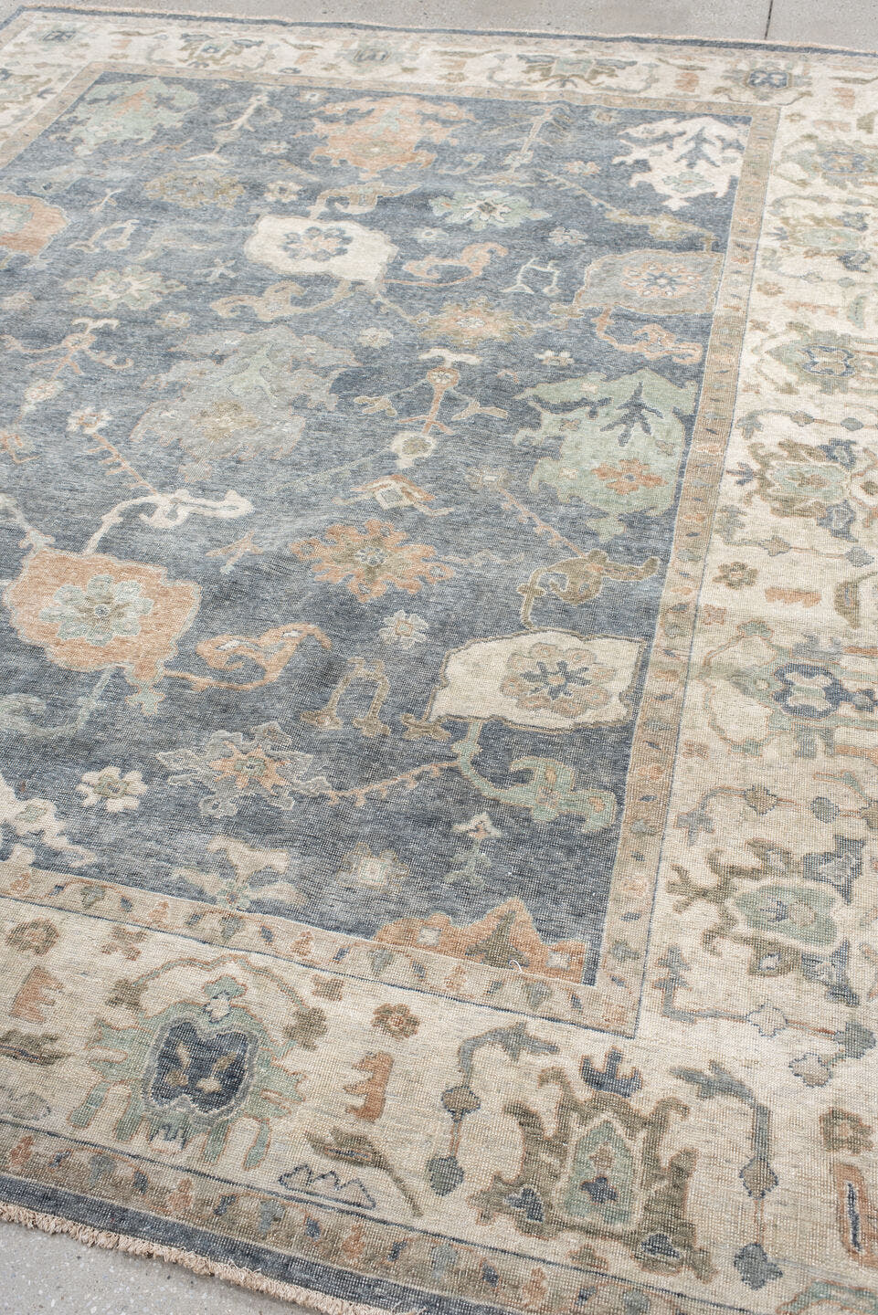 8' x 10' one-of-a-kind handmade vintage Oushak large size rug. Color palette: blue, ivory, sage, blush, taupe, beige, slate