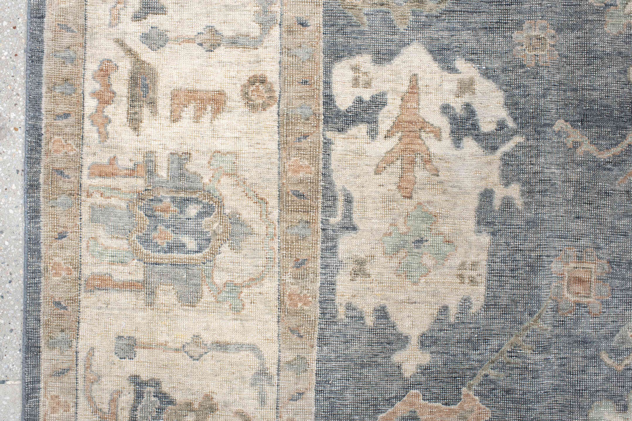 8' x 10' one-of-a-kind handmade vintage Oushak large size rug. Color palette: blue, ivory, sage, blush, taupe, beige, slate