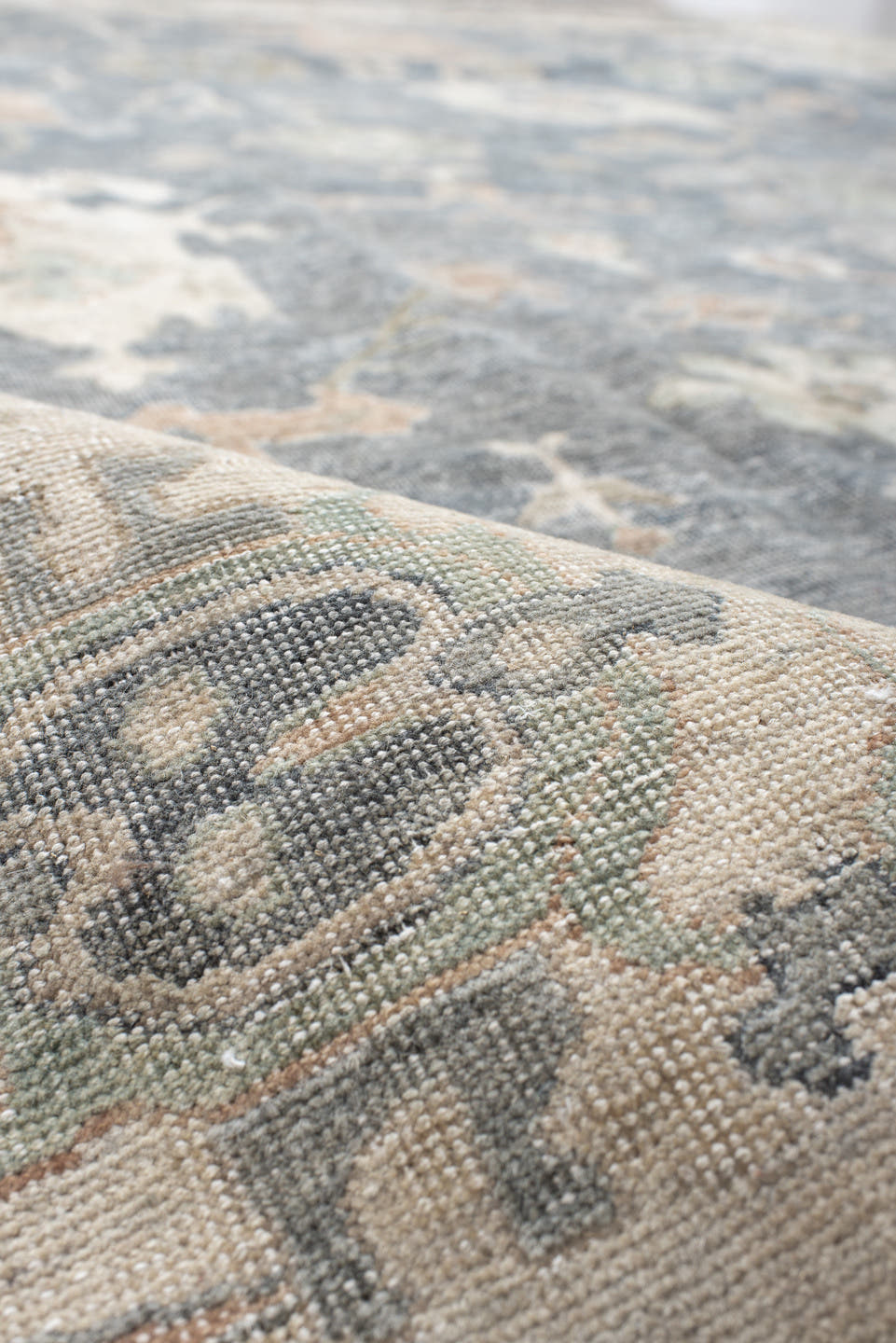 8' x 10' one-of-a-kind handmade vintage Oushak large size rug. Color palette: blue, ivory, sage, blush, taupe, beige, slate