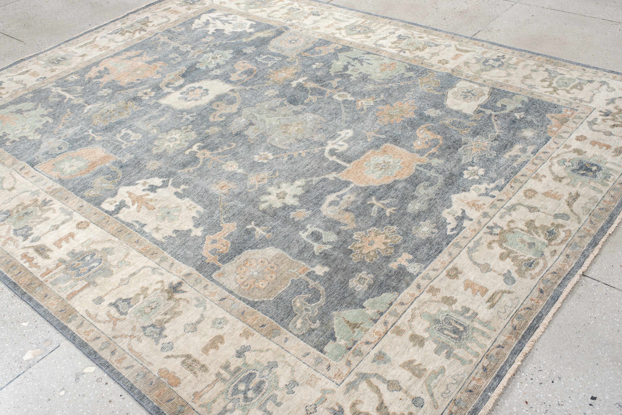 8' x 10' one-of-a-kind handmade vintage Oushak large size rug. Color palette: blue, ivory, sage, blush, taupe, beige, slate