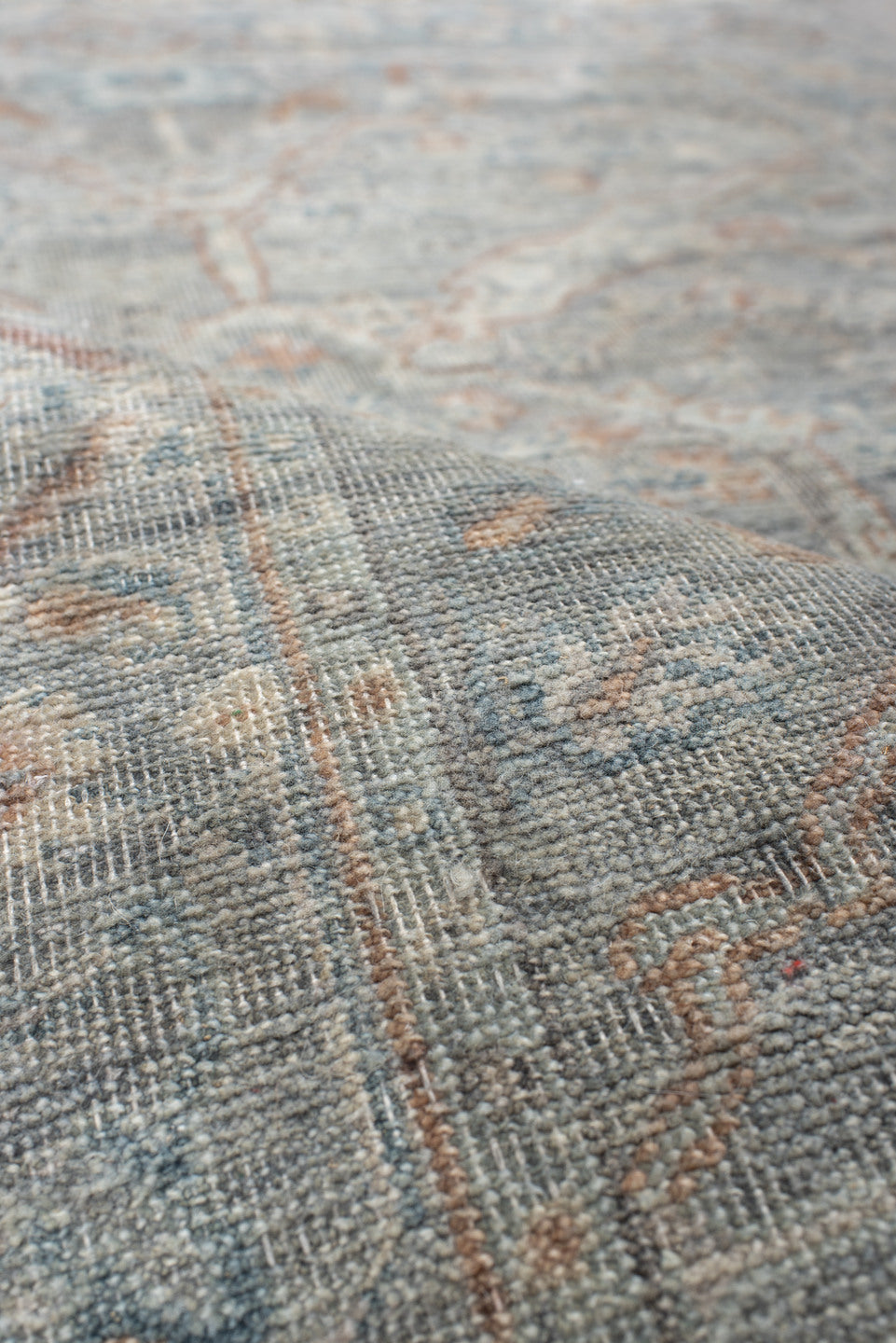 5' x 3' one-of-a-kind handmade vintage Oushak rug. Color palette: gray, light gray, off-white, pink, dim gray, dark gray