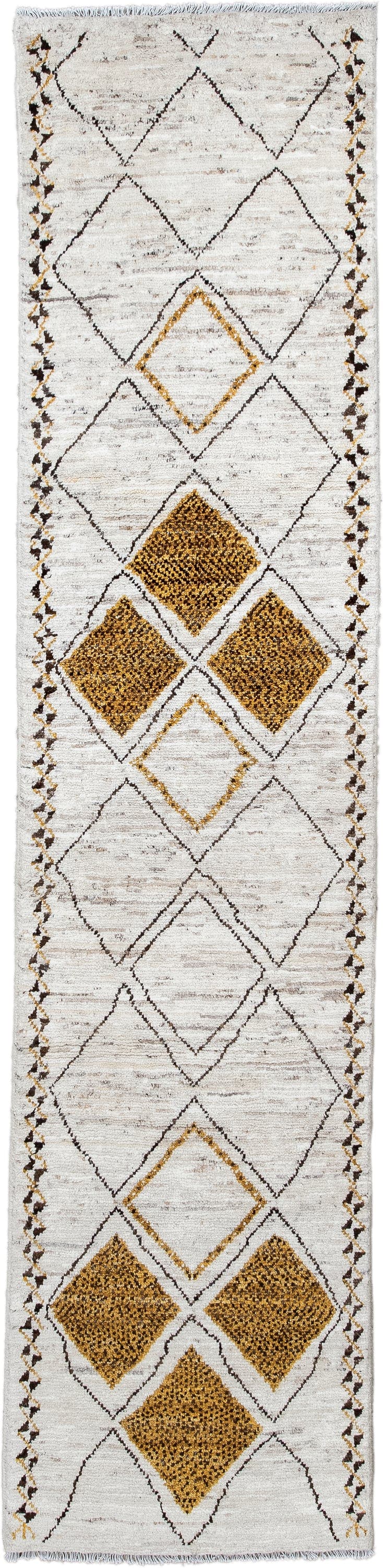 2' x 9' one-of-a-kind handmade vintage Moroccan runner rug. Color palette: ivory, ochre, charcoal, taupe, gold, brown, gray