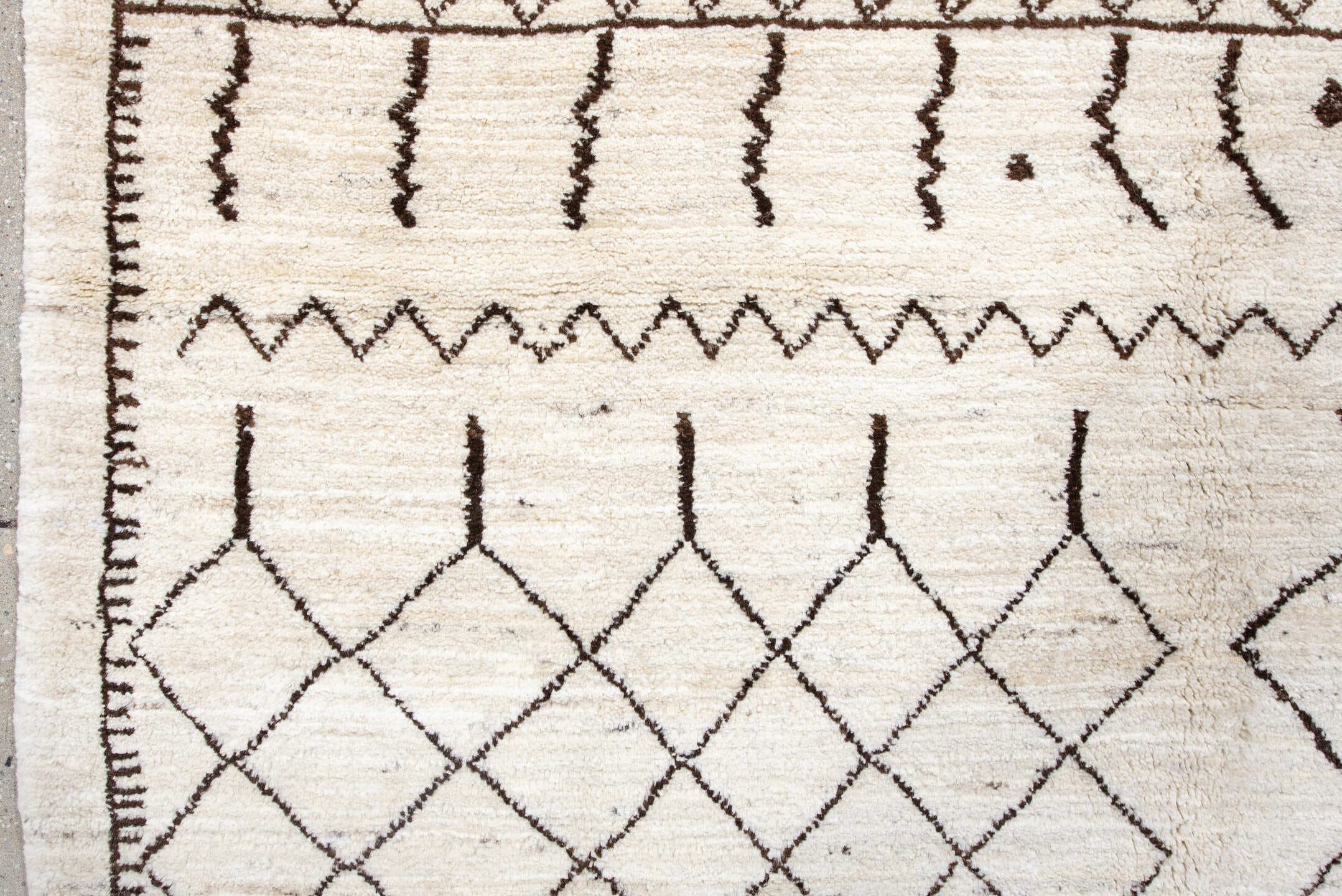 5' x 6' one-of-a-kind handmade vintage Moroccan rug. Color palette: ivory, brown, charcoal, taupe, gray, black, beige