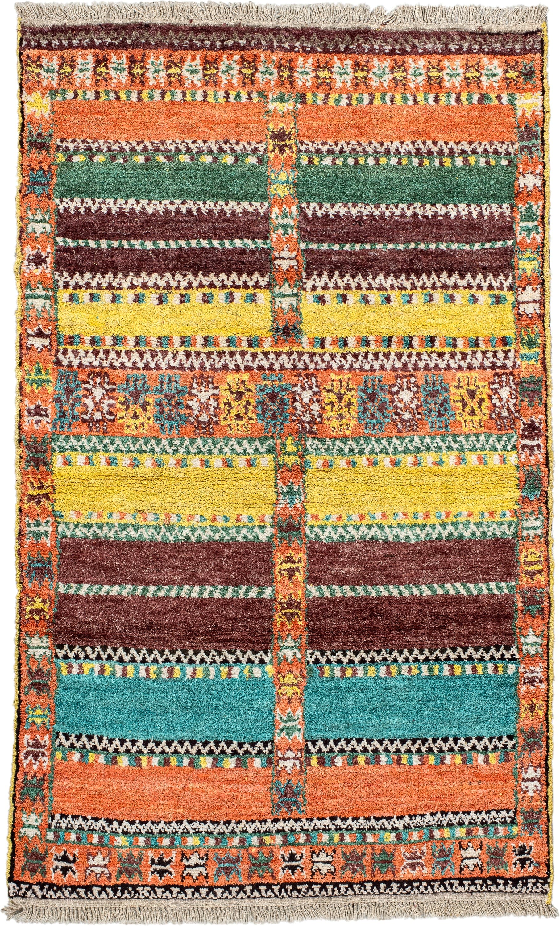 3' x 6' one-of-a-kind handmade vintage Moroccan small size rug. Color palette: orange, brown, turquoise, yellow, green