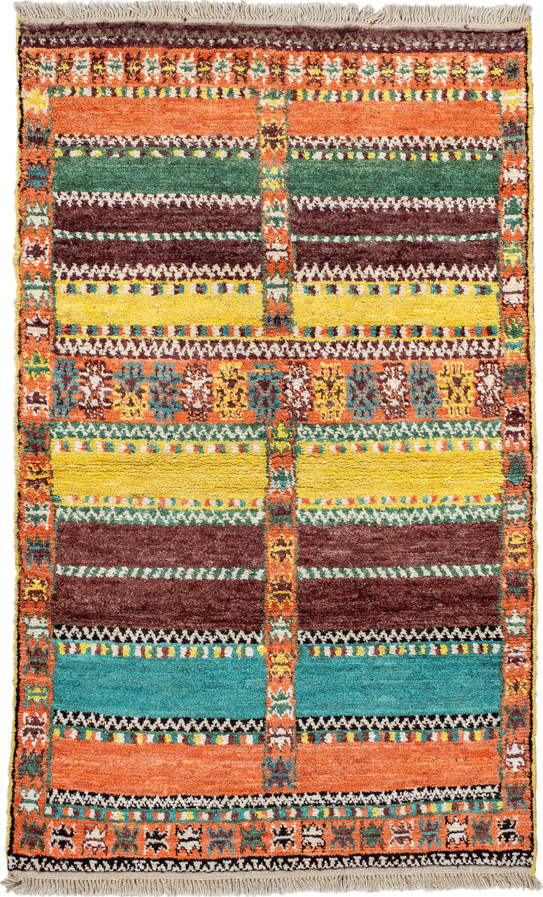 3' x 6' one-of-a-kind handmade vintage Moroccan small size rug. Color palette: beige, black, blue, brown, cadet blue