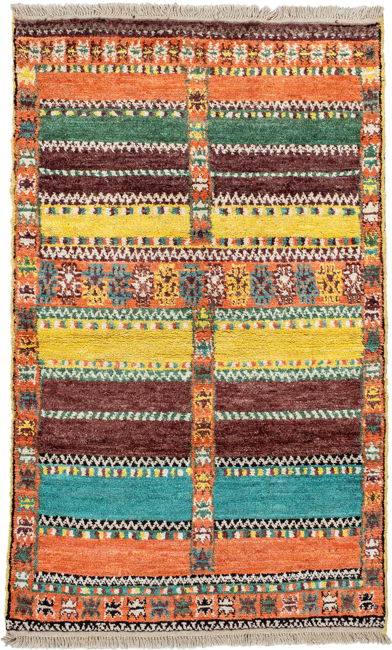 3' x 6' one-of-a-kind handmade vintage Moroccan small size rug. Color palette: orange, brown, turquoise, yellow, green