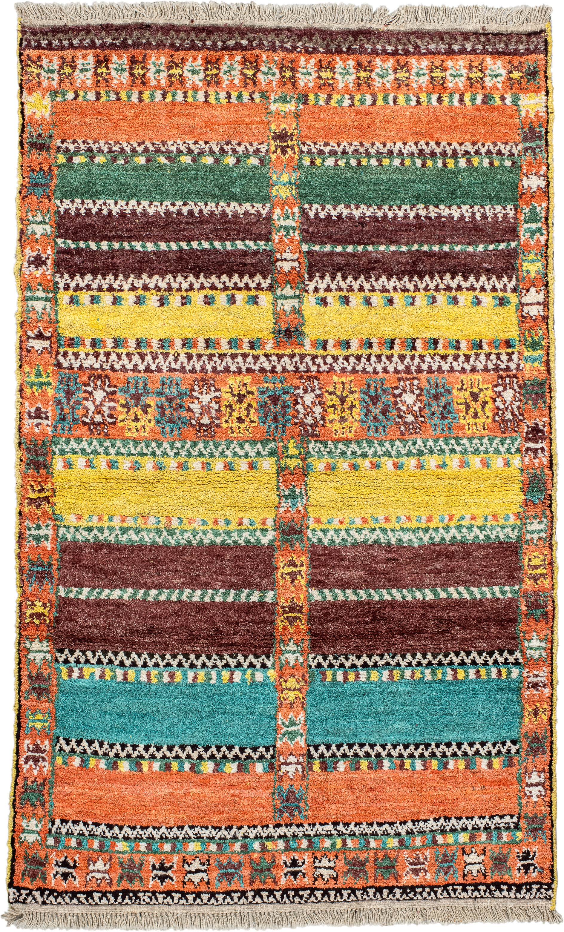 3' x 6' one-of-a-kind handmade vintage Moroccan small size rug. Color palette: orange, brown, turquoise, yellow, green