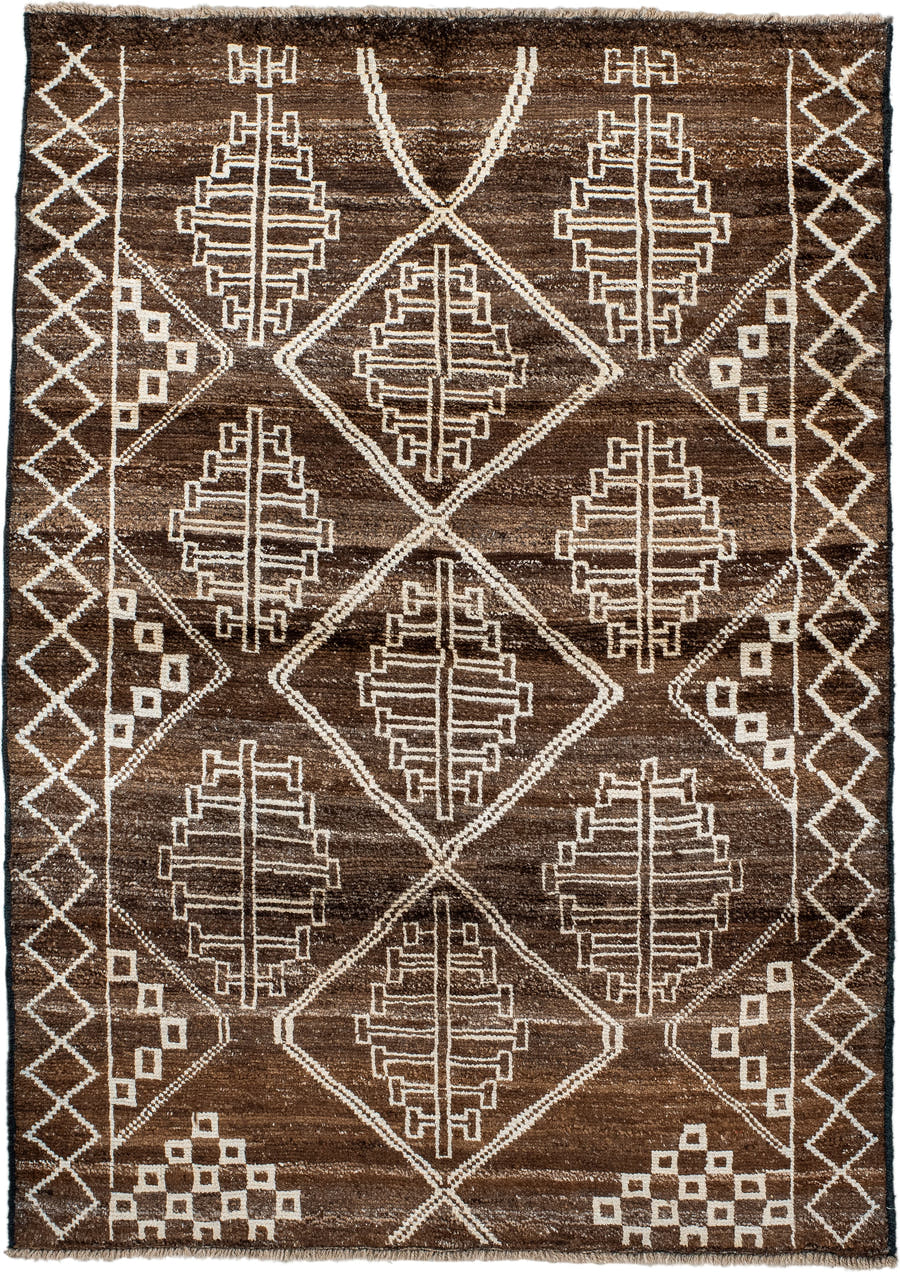 4' x 5' one-of-a-kind handmade vintage Moroccan small size rug. Color palette: brown, ivory, taupe, camel, beige, gray