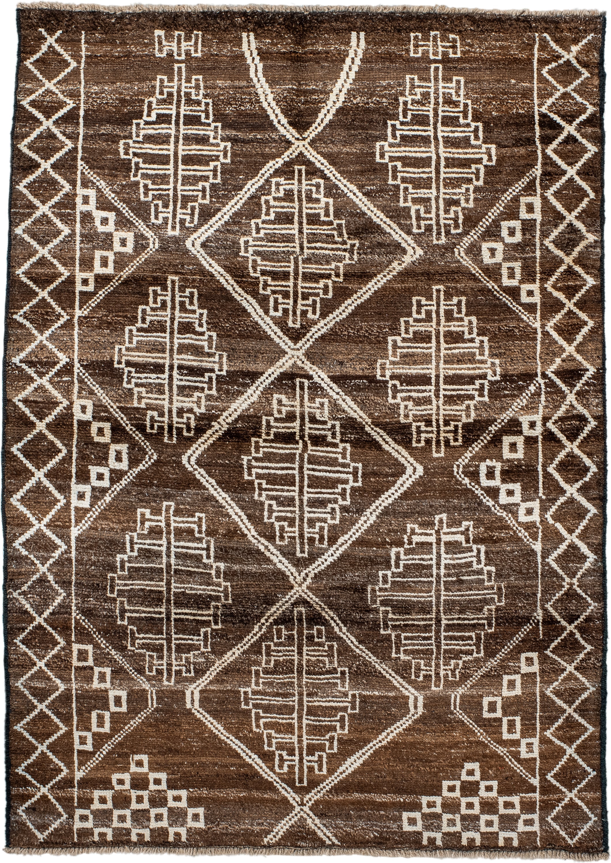 4' x 5' one-of-a-kind handmade vintage Moroccan small size rug. Color palette: brown, ivory, taupe, camel, beige, gray