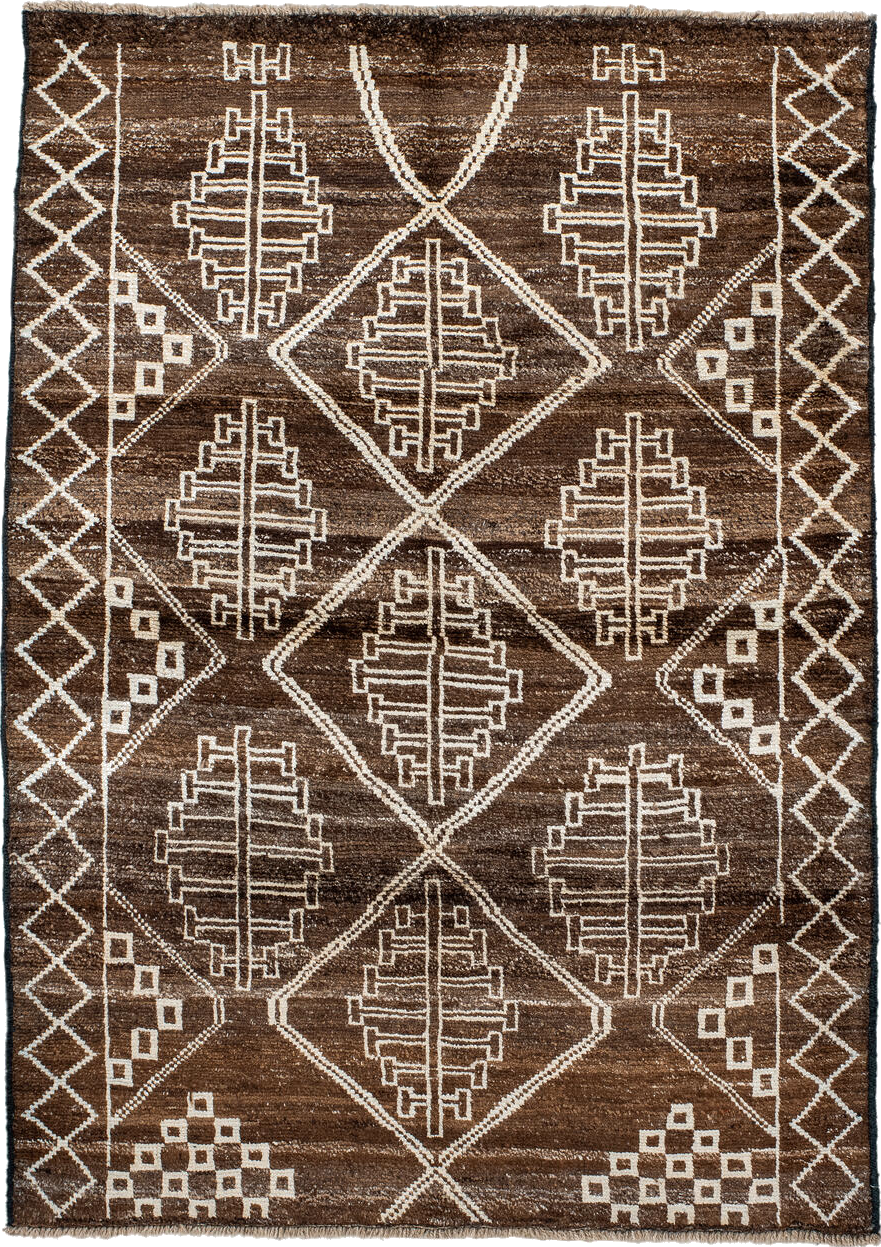 4' x 5' one-of-a-kind handmade vintage Moroccan small size rug. Color palette: antiquewhite, bisque, blanched almond, brown