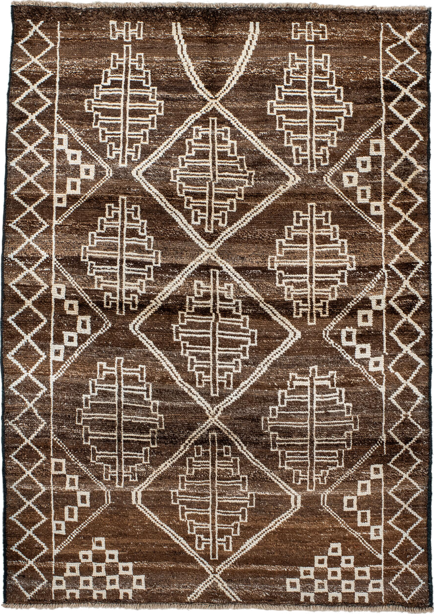 4' x 5' one-of-a-kind handmade vintage Moroccan small size rug. Color palette: antiquewhite, bisque, blanched almond, brown
