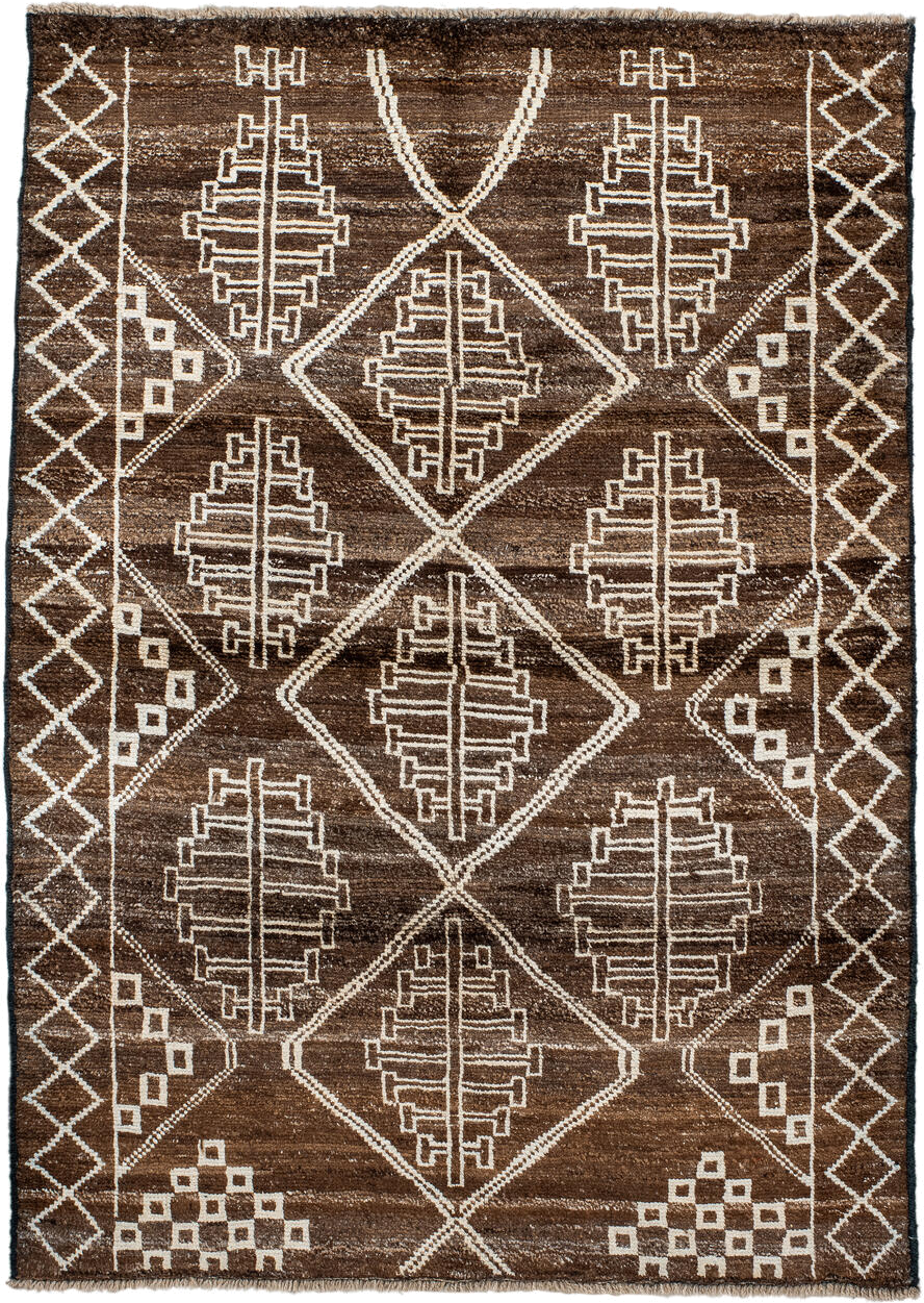 4' x 5' one-of-a-kind handmade vintage Moroccan small size rug. Color palette: brown, ivory, taupe, camel, beige, gray