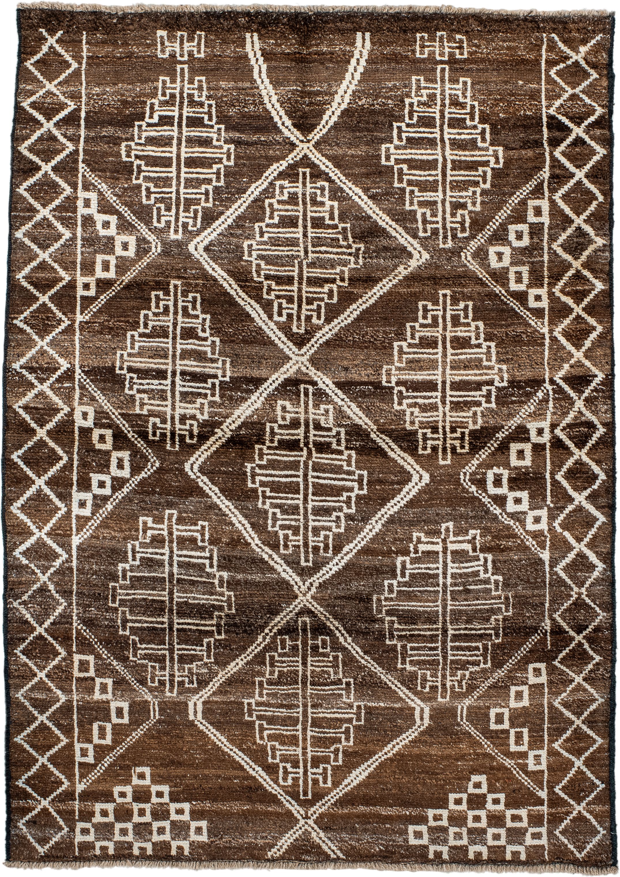4' x 5' one-of-a-kind handmade vintage Moroccan small size rug. Color palette: brown, ivory, taupe, camel, beige, gray