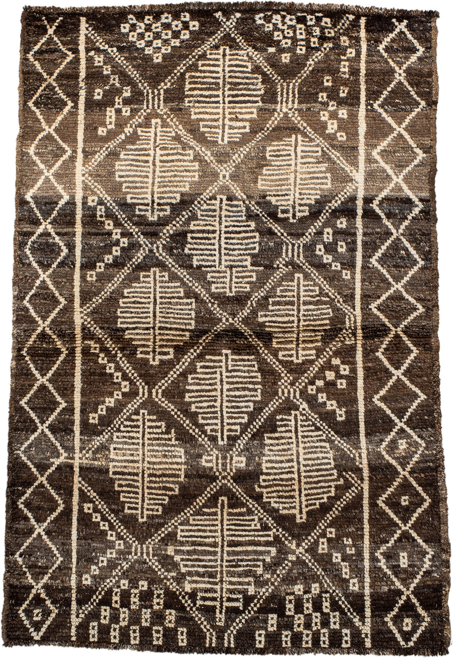 3' x 5' one-of-a-kind handmade vintage Moroccan small size rug. Color palette: brown, ivory, taupe, charcoal, beige, gray