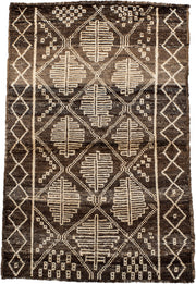 3' x 5' one-of-a-kind handmade vintage Moroccan small size rug. Color palette: brown, ivory, taupe, charcoal, beige, gray