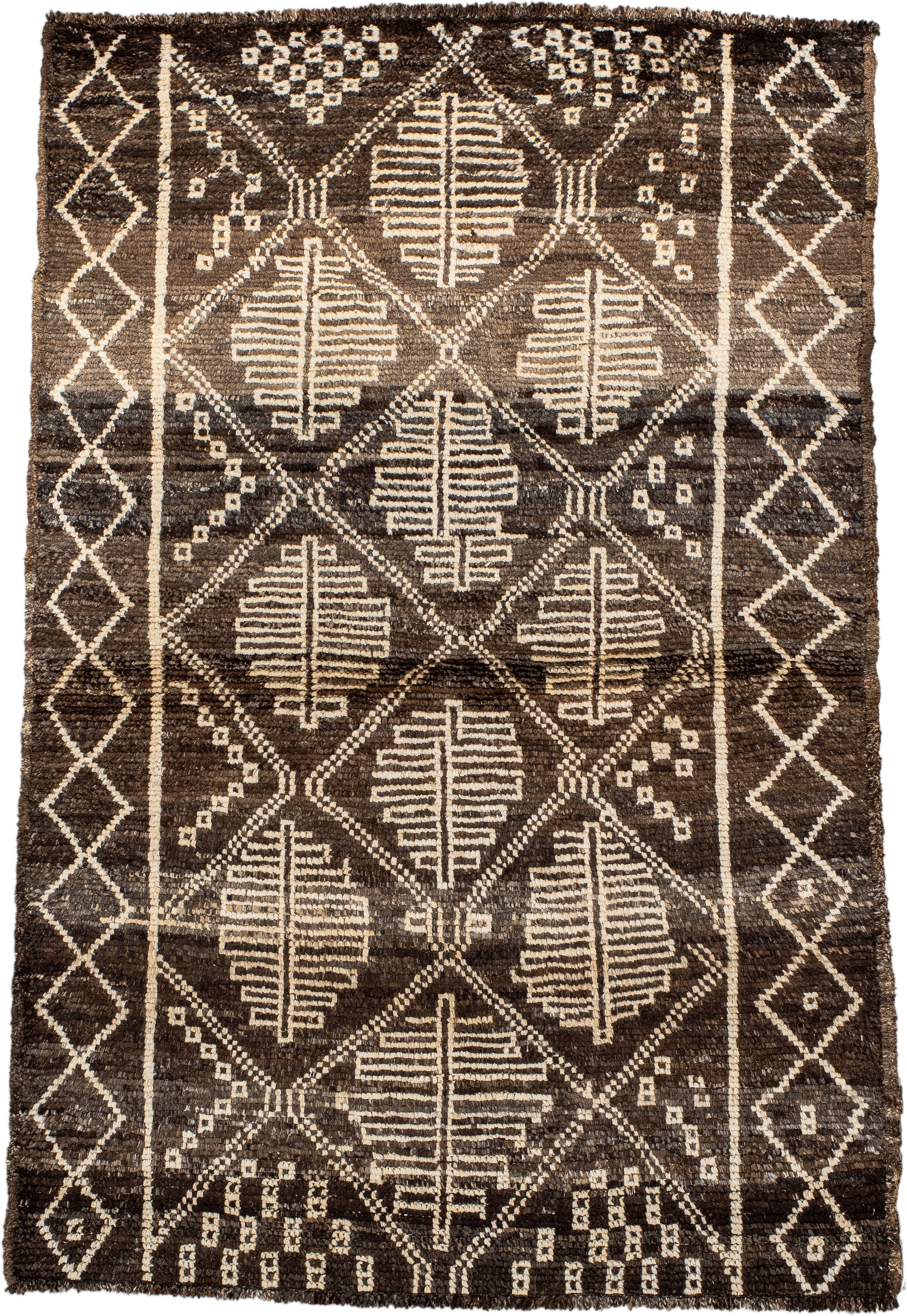 3' x 5' one-of-a-kind handmade vintage Moroccan small size rug. Color palette: brown, ivory, taupe, charcoal, beige, gray