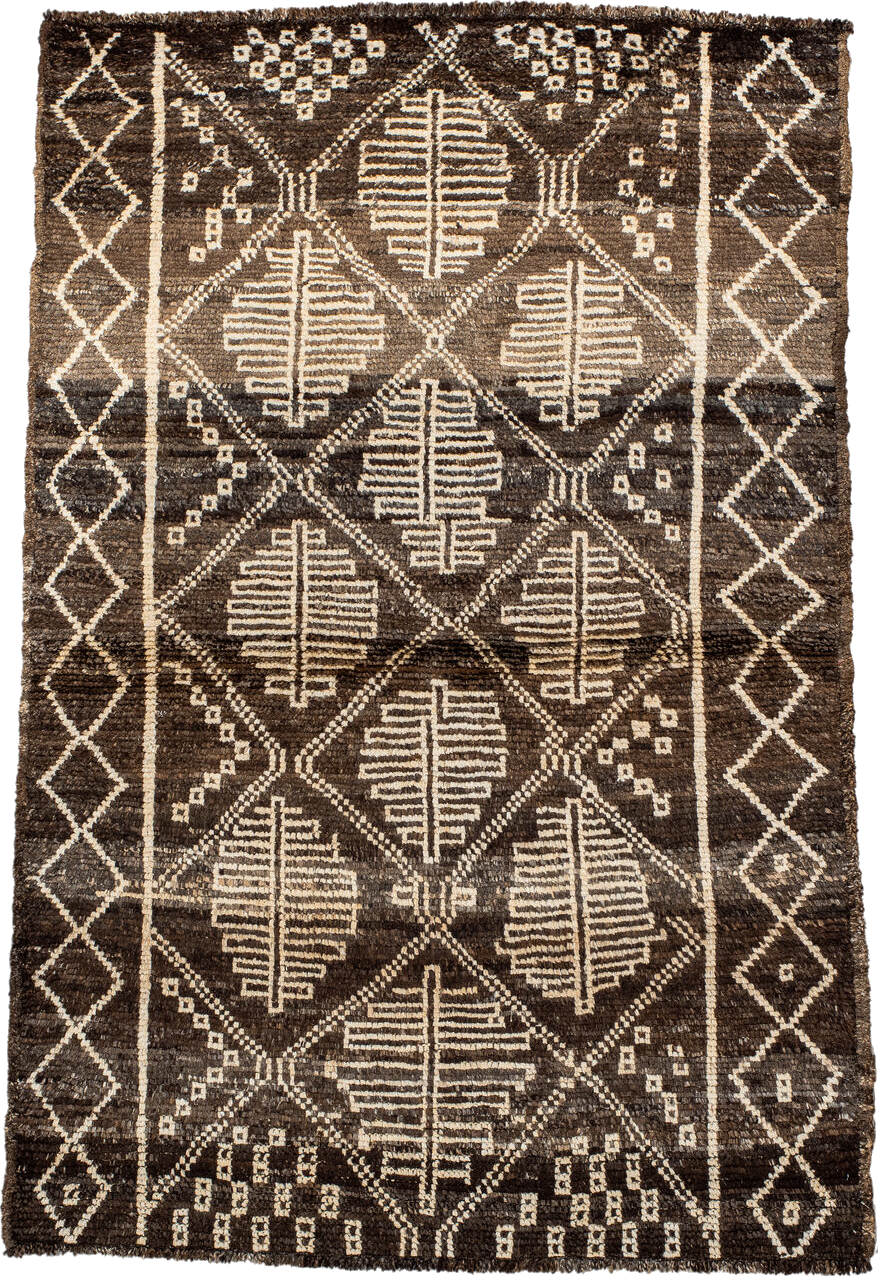 3' x 5' one-of-a-kind handmade vintage Moroccan small size rug. Color palette: antiquewhite, bisque, blanched almond, brown