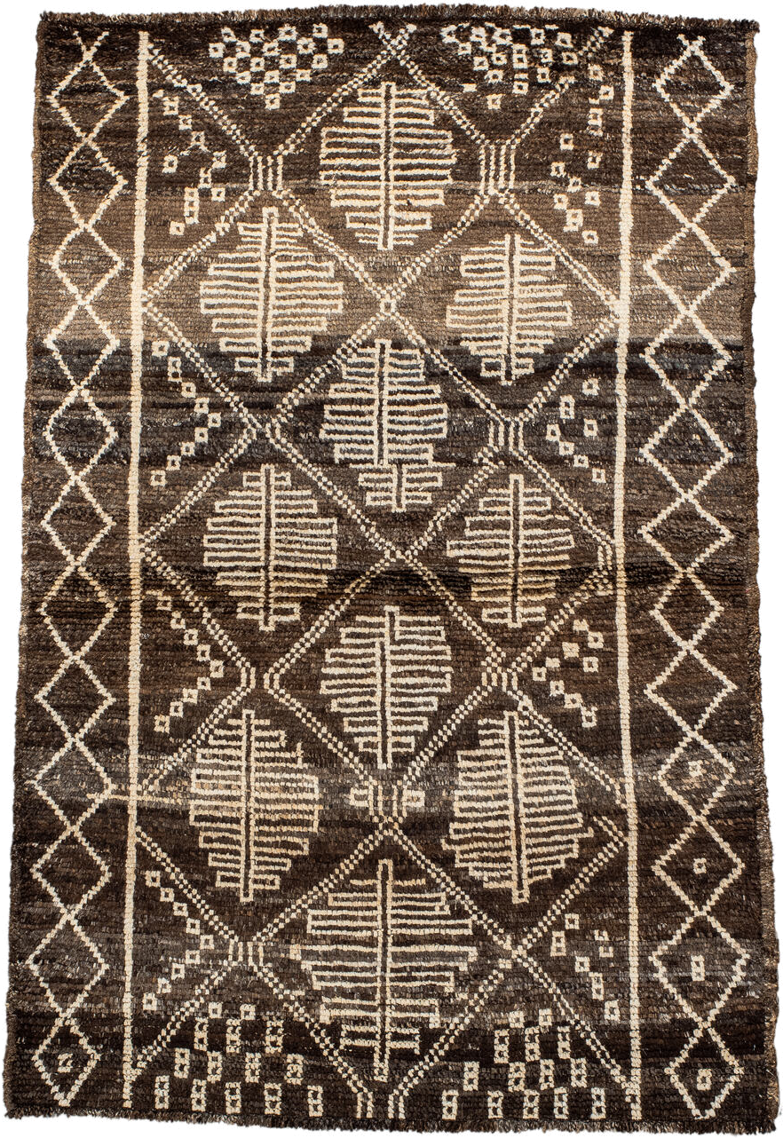 3' x 5' one-of-a-kind handmade vintage Moroccan small size rug. Color palette: brown, ivory, taupe, charcoal, beige, gray