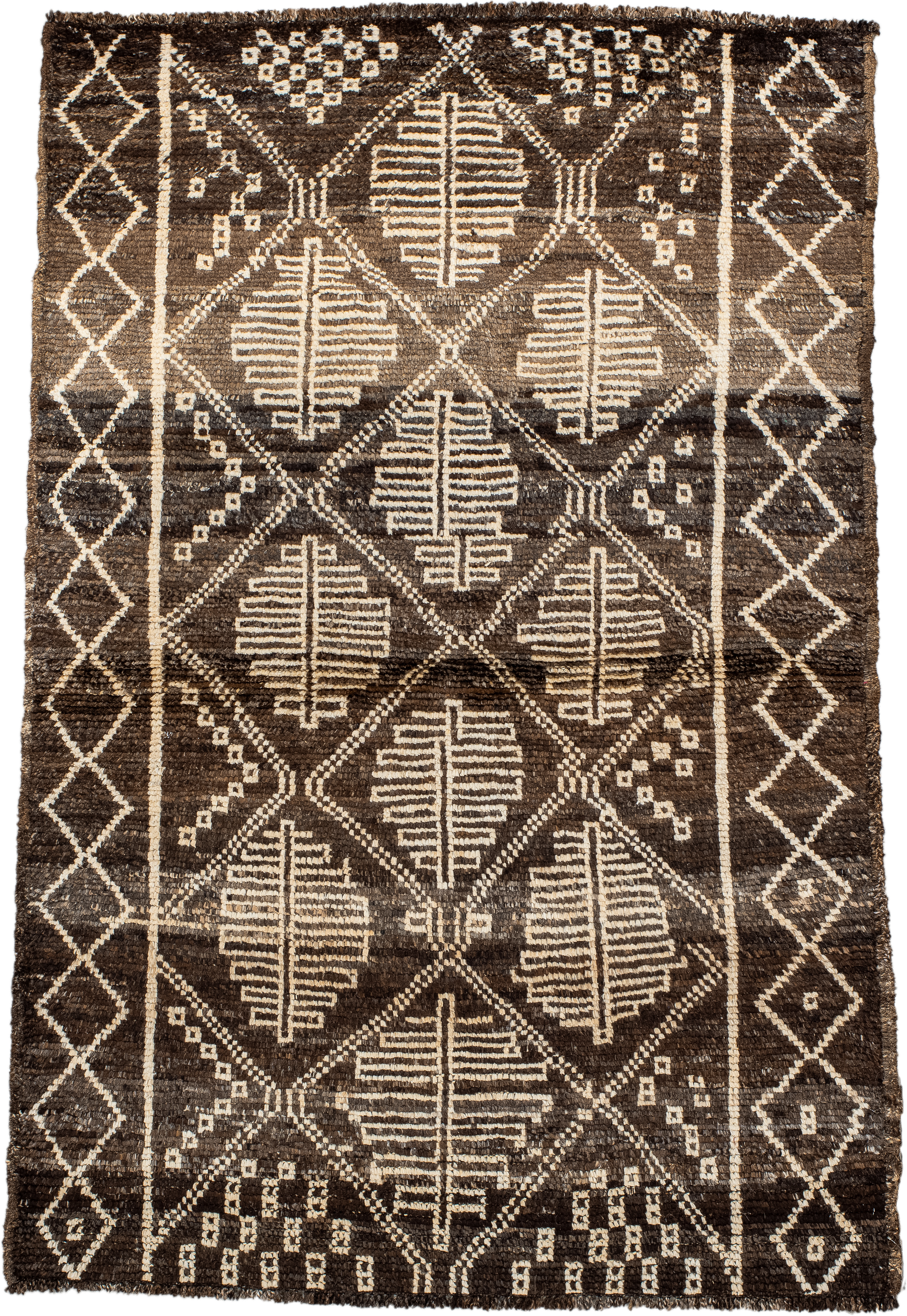 3' x 5' one-of-a-kind handmade vintage Moroccan small size rug. Color palette: brown, ivory, taupe, charcoal, beige, gray