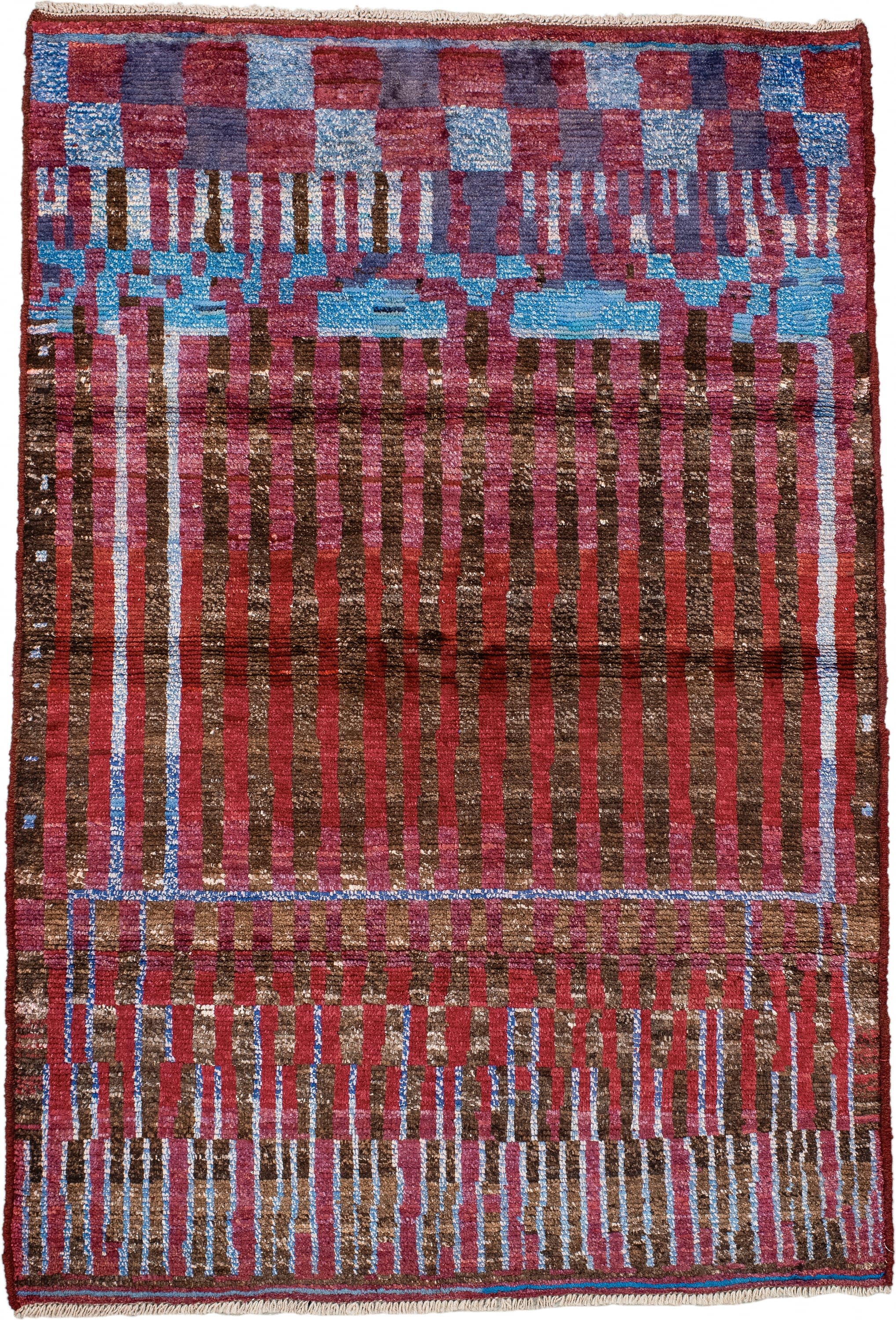 3' x 5' one-of-a-kind handmade vintage Moroccan small size rug. Color palette: brown, crimson, rose, sky blue, burgundy