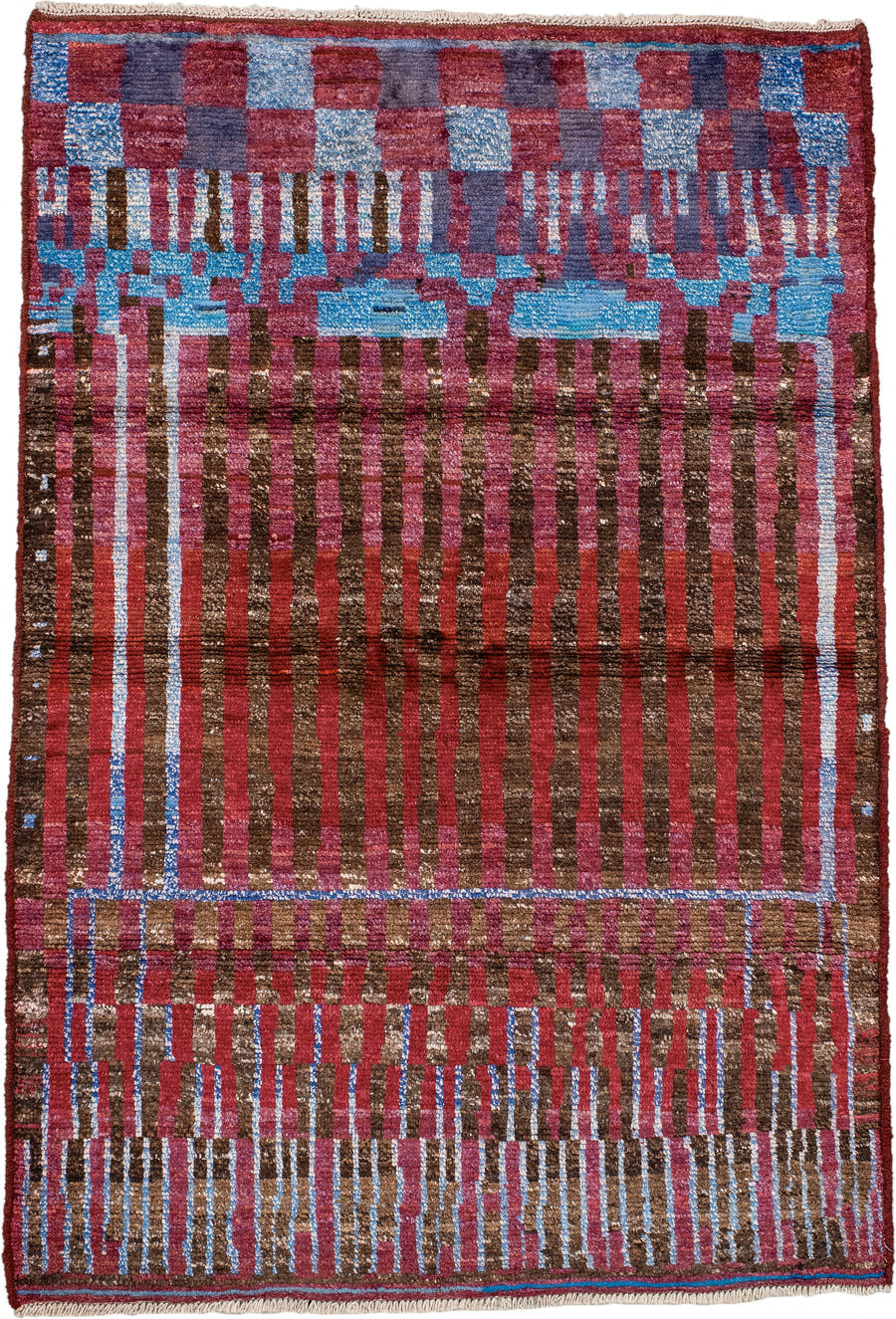 3' x 5' one-of-a-kind handmade vintage Moroccan small size rug. Color palette: brown, crimson, rose, sky blue, burgundy
