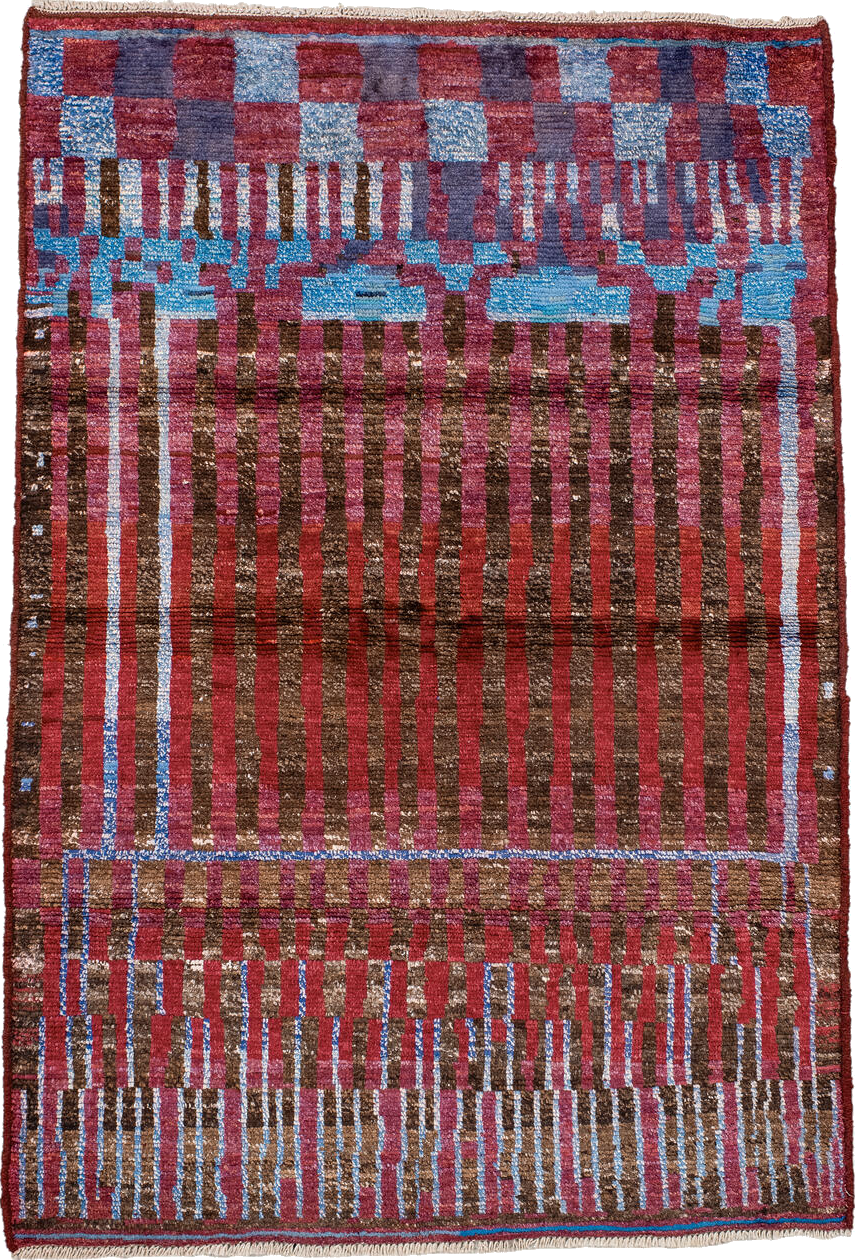 3' x 5' one-of-a-kind handmade vintage Moroccan small size rug. Color palette: blue, brown, gainsboro, gray, light blue