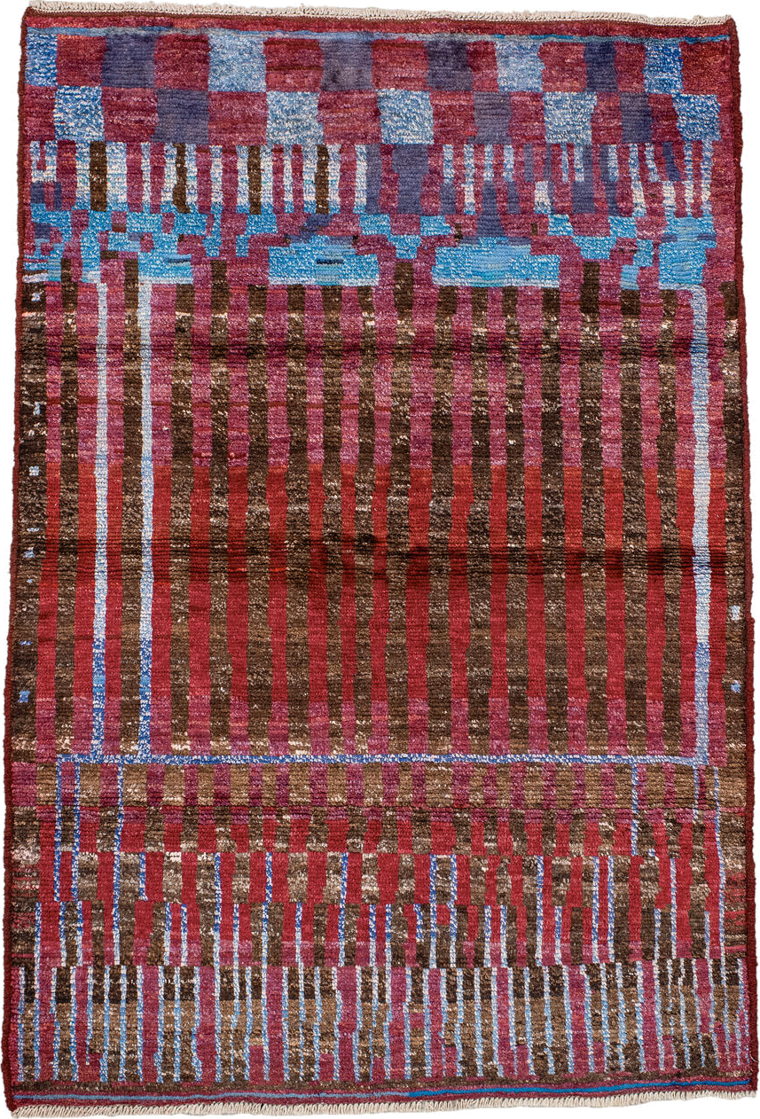 3' x 5' one-of-a-kind handmade vintage Moroccan small size rug. Color palette: blue, brown, gainsboro, gray, light blue