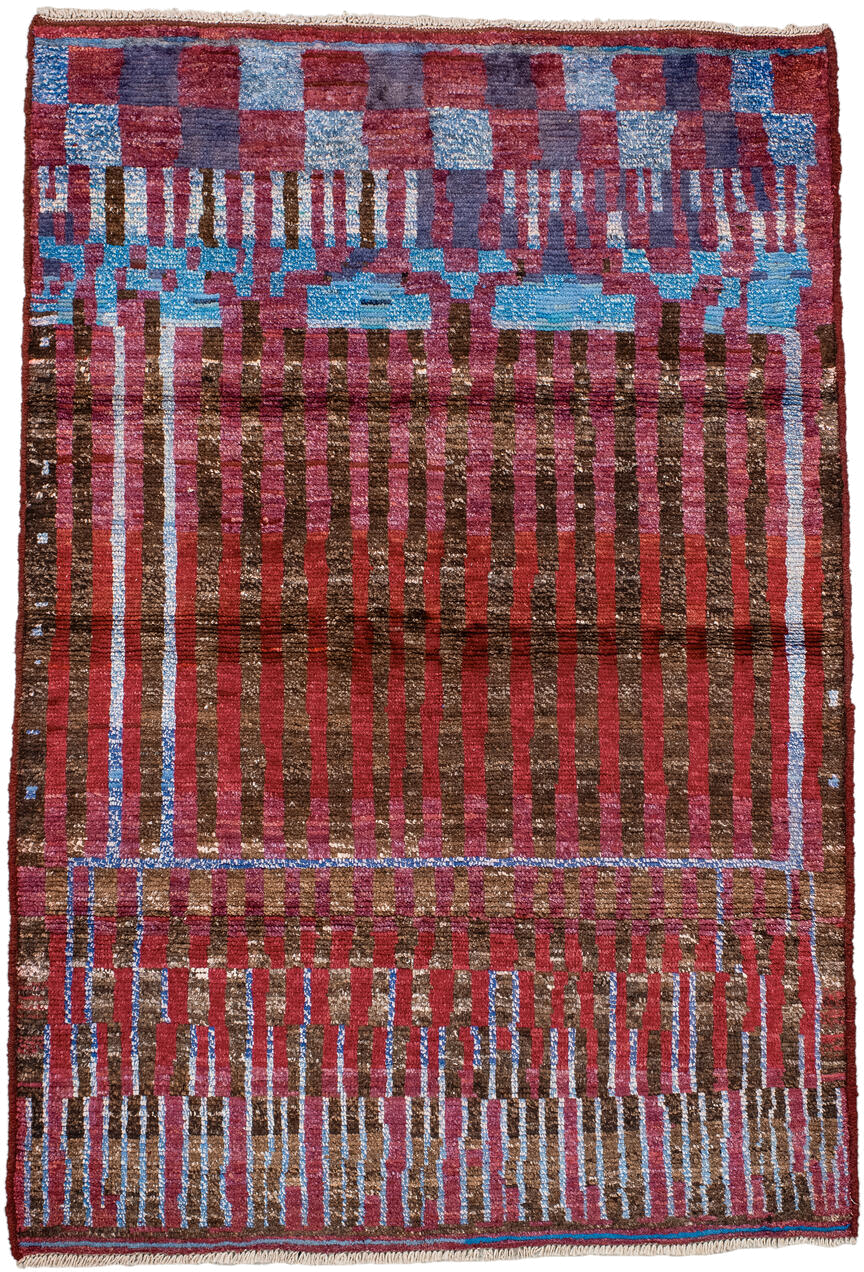 3' x 5' one-of-a-kind handmade vintage Moroccan small size rug. Color palette: brown, crimson, rose, sky blue, burgundy