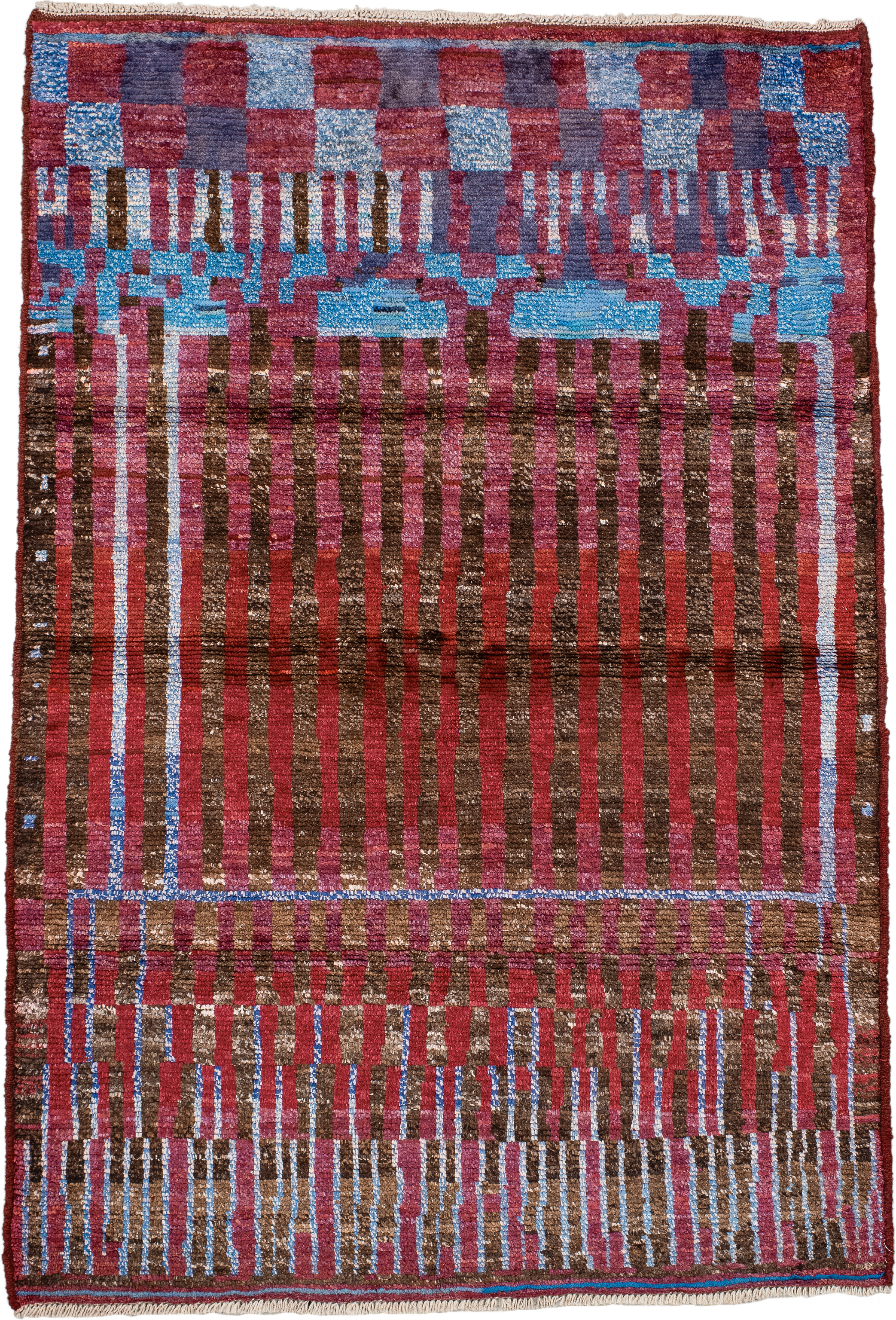 3' x 5' one-of-a-kind handmade vintage Moroccan small size rug. Color palette: brown, crimson, rose, sky blue, burgundy