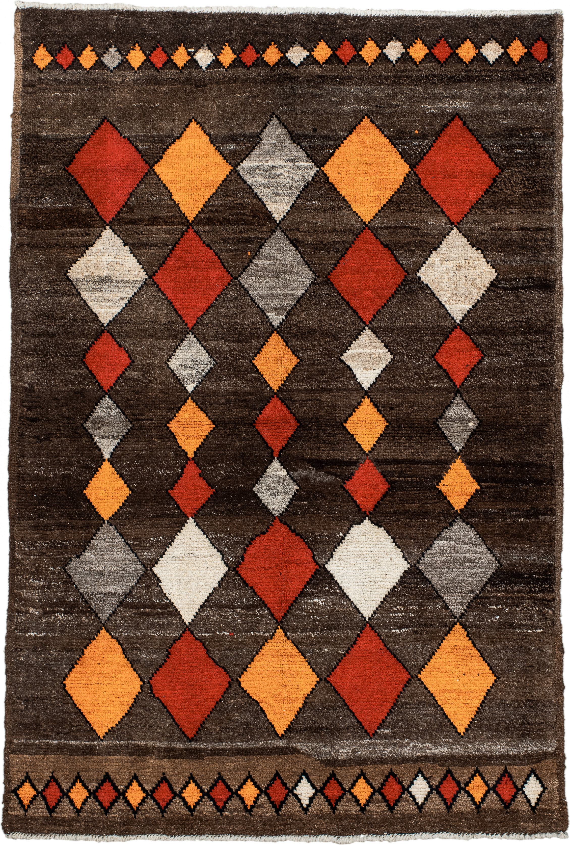 3' x 5' one-of-a-kind handmade vintage Moroccan small size rug. Color palette: brown, rust, saffron, ivory, gray, charcoal