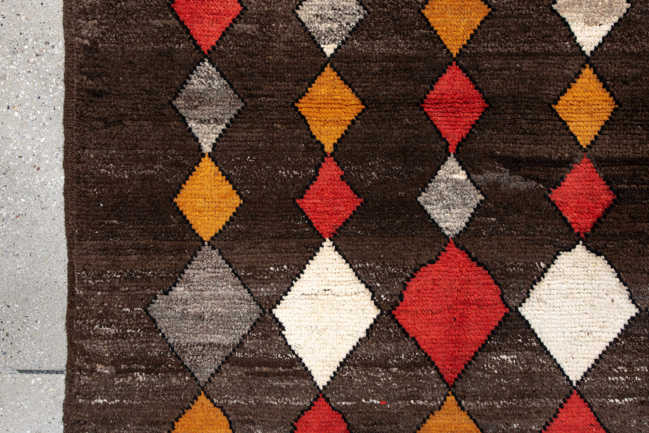 3' x 5' one-of-a-kind handmade vintage Moroccan small size rug. Color palette: brown, rust, saffron, ivory, gray, charcoal