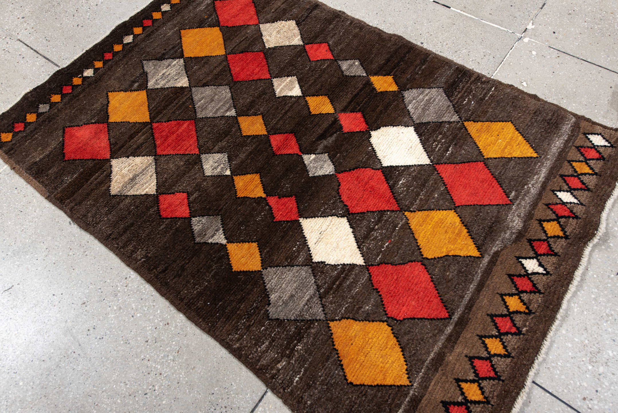 3' x 5' one-of-a-kind handmade vintage Moroccan small size rug. Color palette: brown, rust, saffron, ivory, gray, charcoal