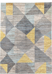 7' x 9' one-of-a-kind handmade handmade Modern rug. Color palette: gray, ivory, gold, light blue, taupe, charcoal, beige