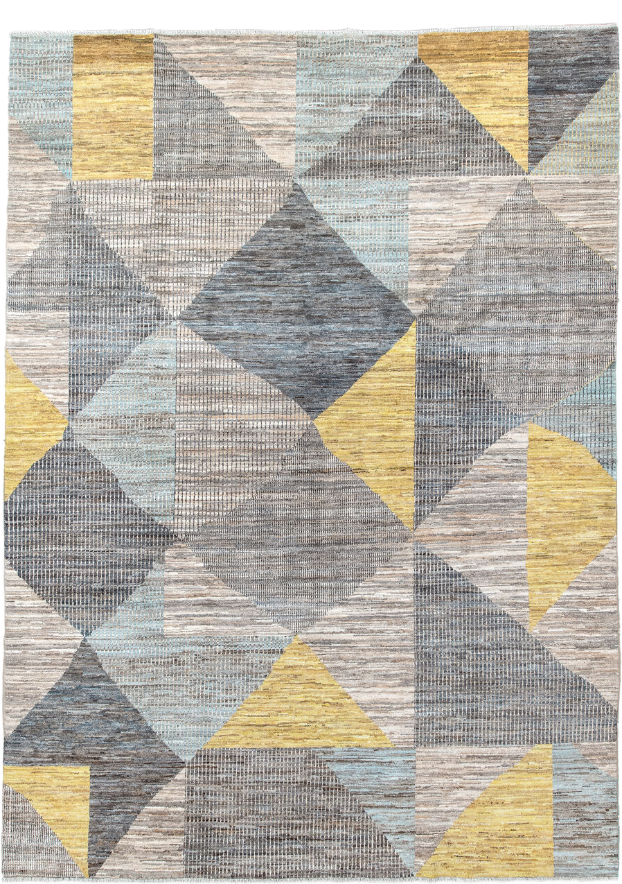7' x 9' one-of-a-kind handmade handmade Modern rug. Color palette: gray, ivory, gold, light blue, taupe, charcoal, beige