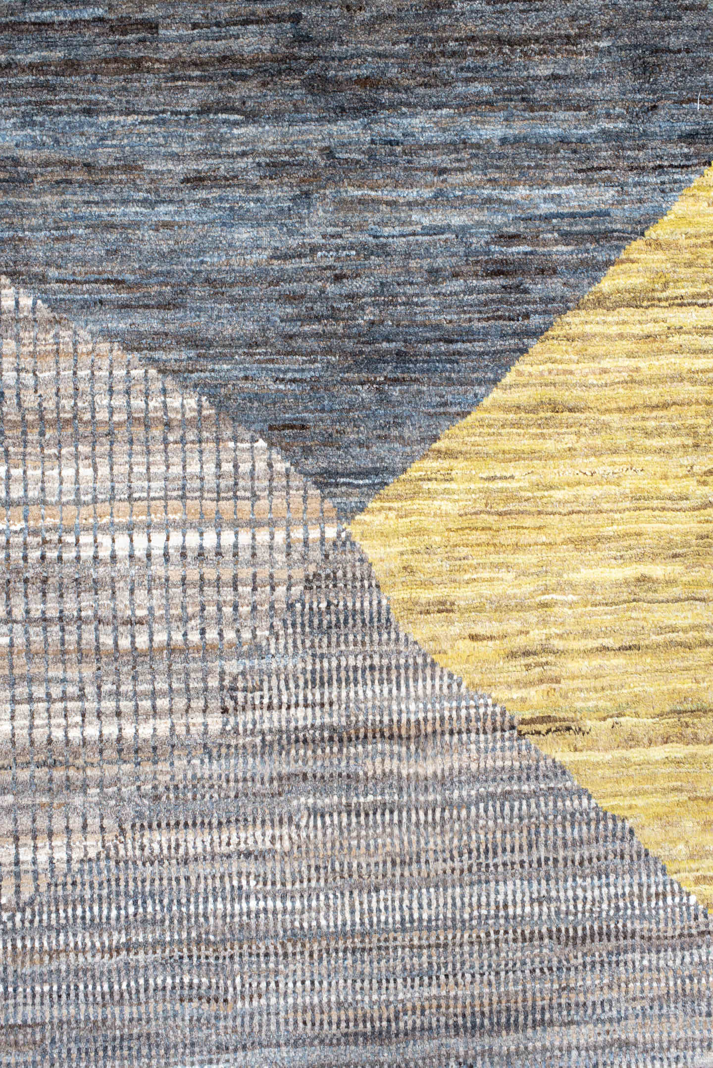 7' x 9' one-of-a-kind handmade handmade Modern rug. Color palette: gray, ivory, gold, light blue, taupe, charcoal, beige