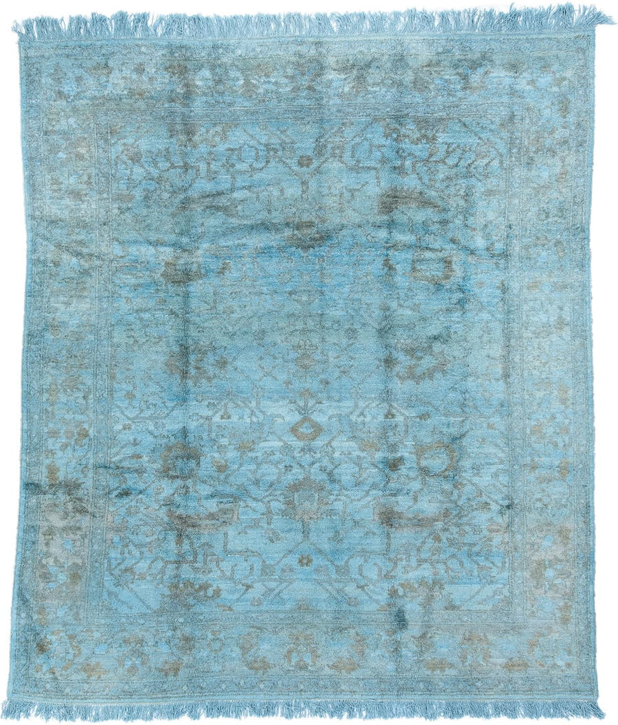 8' x 9' one-of-a-kind handmade vintage Oushak rug. Color palette: sky blue, silver, slate, ice blue, gray, light blue