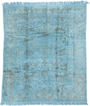 8' x 9' one-of-a-kind handmade vintage Oushak rug. Color palette: sky blue, silver, slate, ice blue, gray, light blue