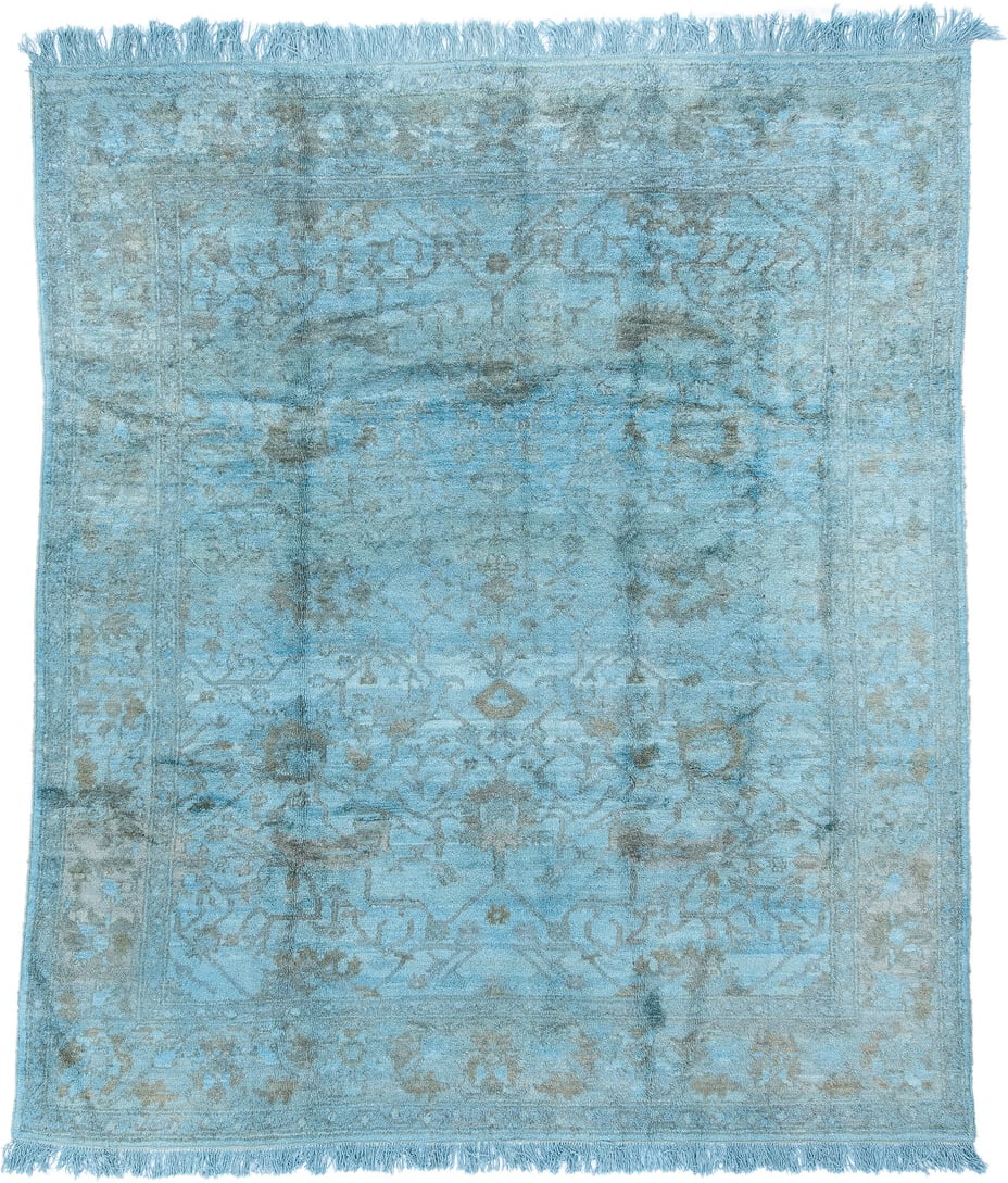 8' x 9' one-of-a-kind handmade vintage Oushak rug. Color palette: sky blue, silver, slate, ice blue, gray, light blue