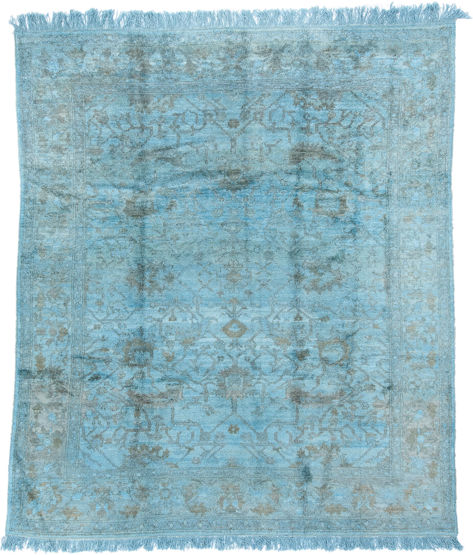8' x 9' one-of-a-kind handmade vintage Oushak rug. Color palette: sky blue, silver, slate, ice blue, gray, light blue