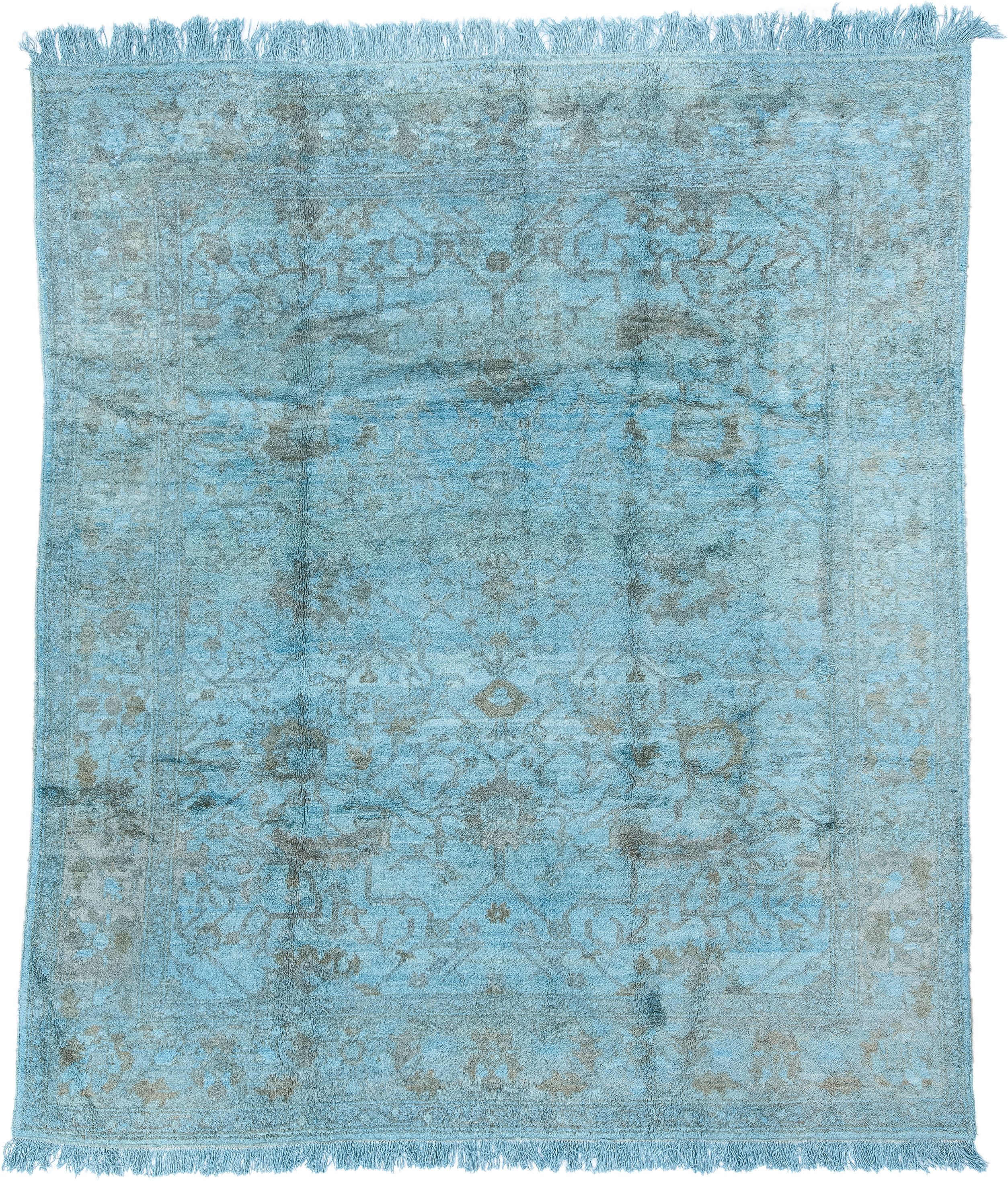 8' x 9' one-of-a-kind handmade vintage Oushak rug. Color palette: sky blue, silver, slate, ice blue, gray, light blue