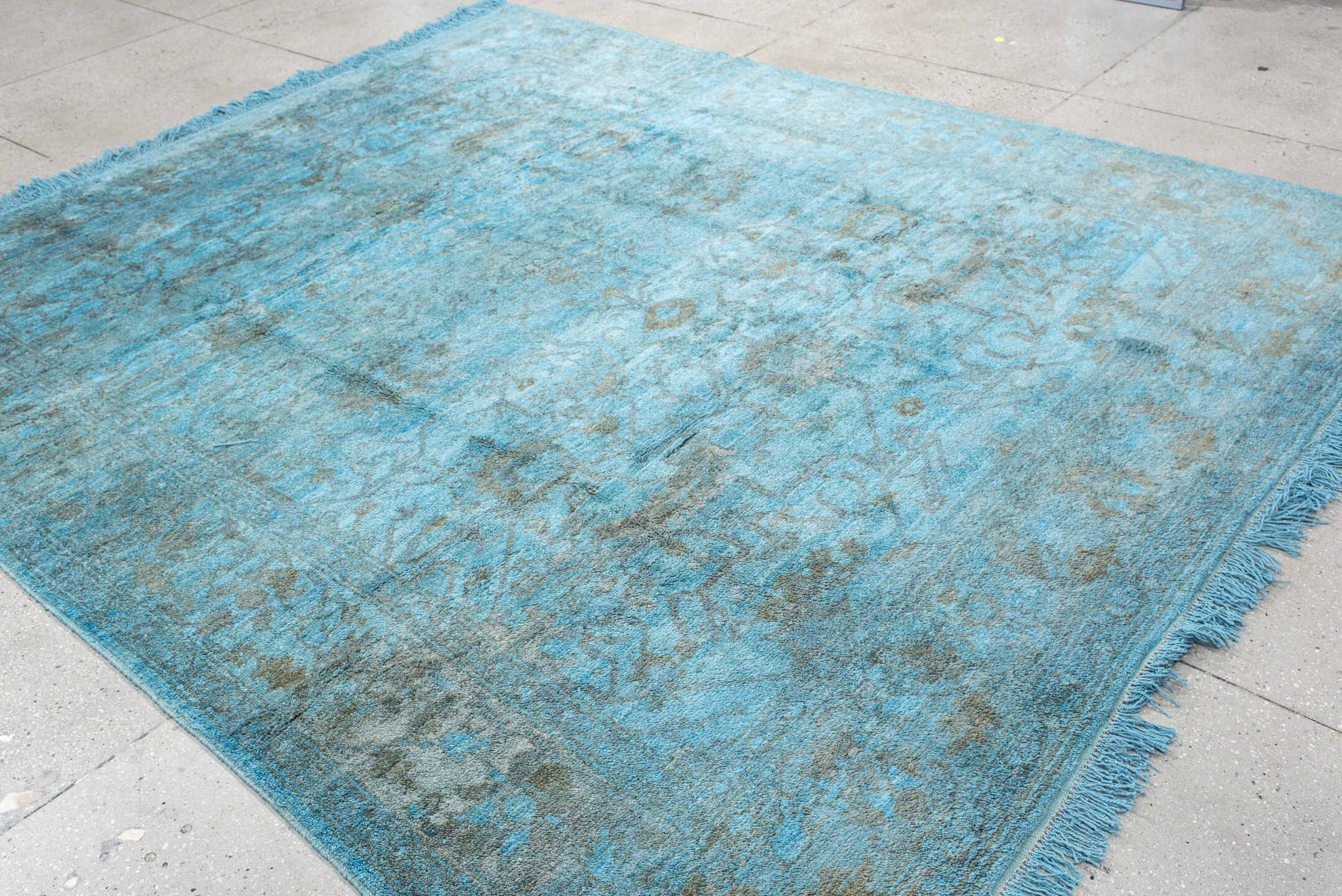 8' x 9' one-of-a-kind handmade vintage Oushak rug. Color palette: sky blue, silver, slate, ice blue, gray, light blue
