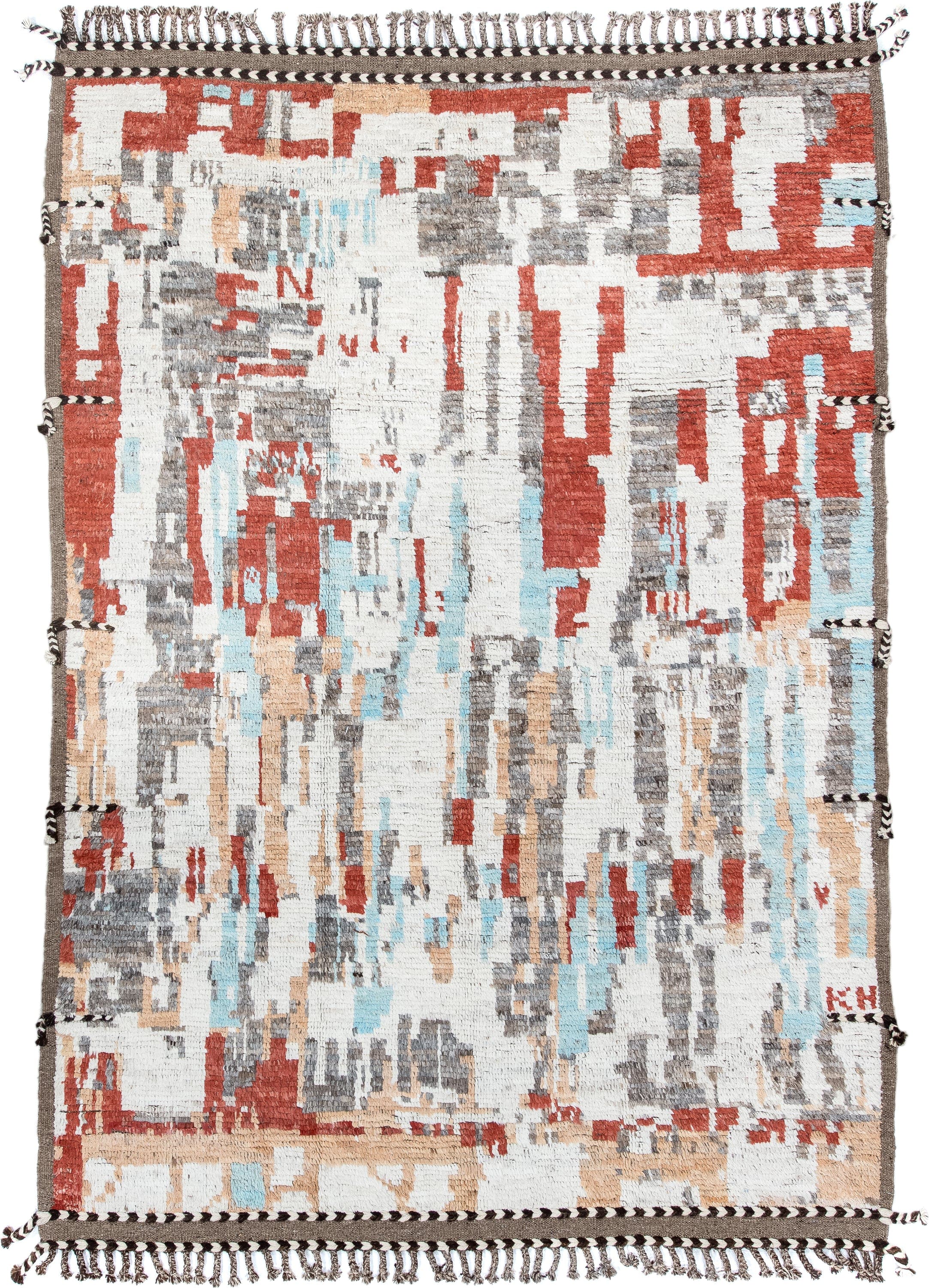 7' x 9' one-of-a-kind handmade vintage Tulu rug. Color palette: ivory, terra cotta, gray, pale aqua, camel, brown